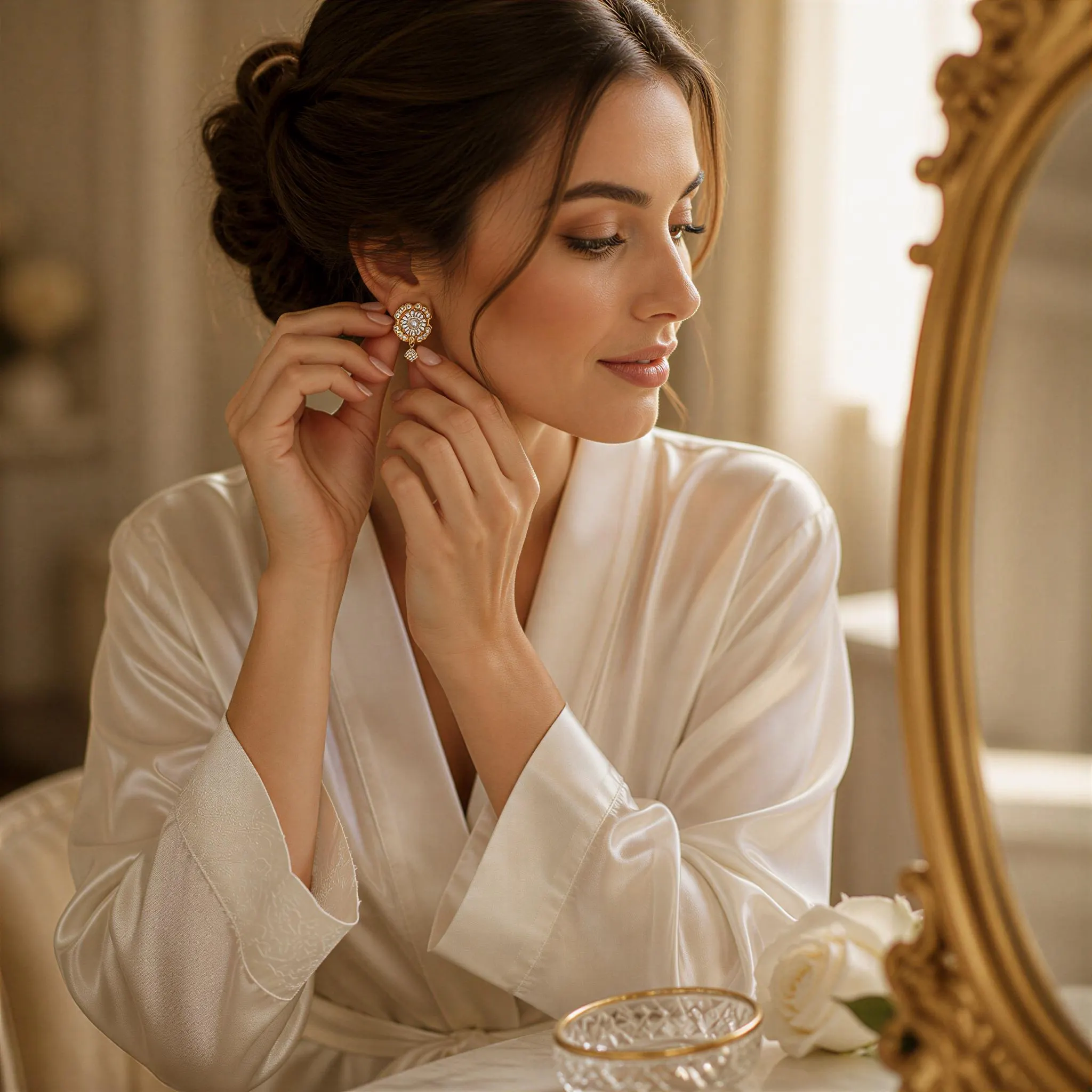 A woman in a white robe is sitting at a vanity, putting on a pair of earrings in front of a mirror.