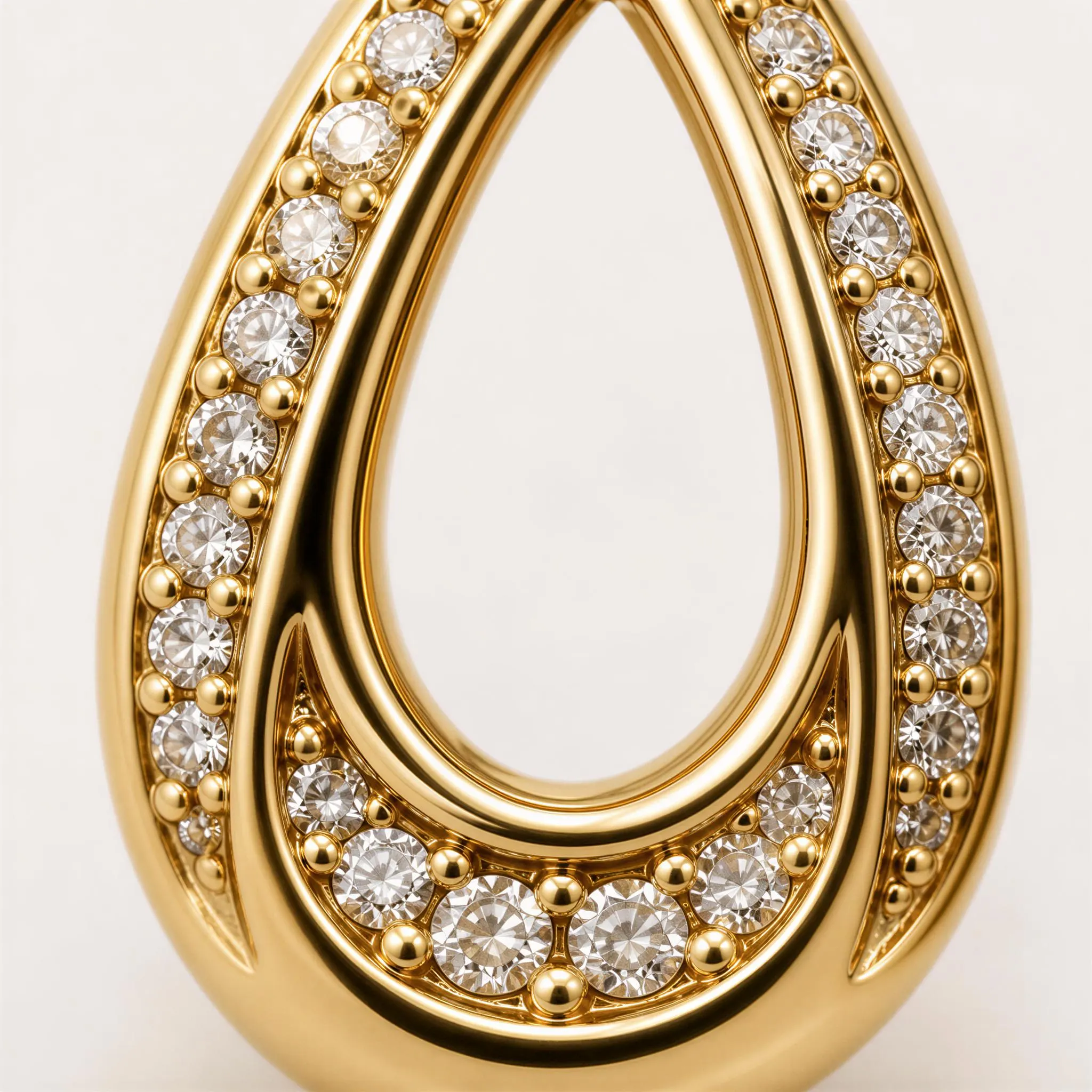 A close-up image of a gold-colored pendant or earring adorned with numerous small diamonds or gemstones.