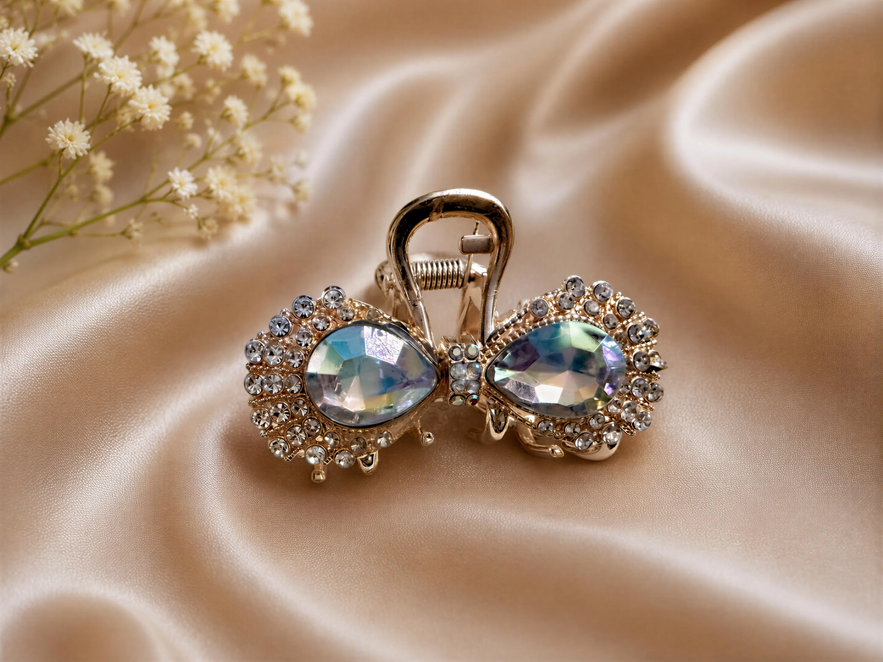 A pair of ornate, sparkling rhinestones or gemstones set in a decorative metal clasp, resting on a soft, flowing fabric background.