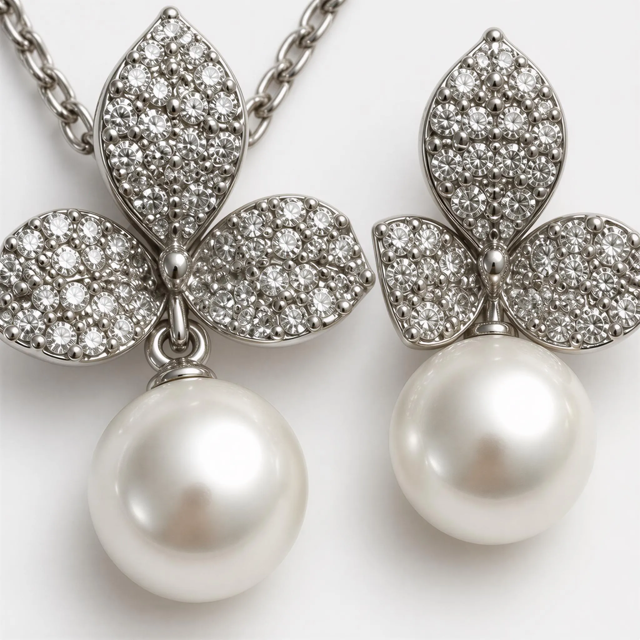 A pair of elegant pearl earrings and a necklace with a pendant adorned with sparkling diamonds.