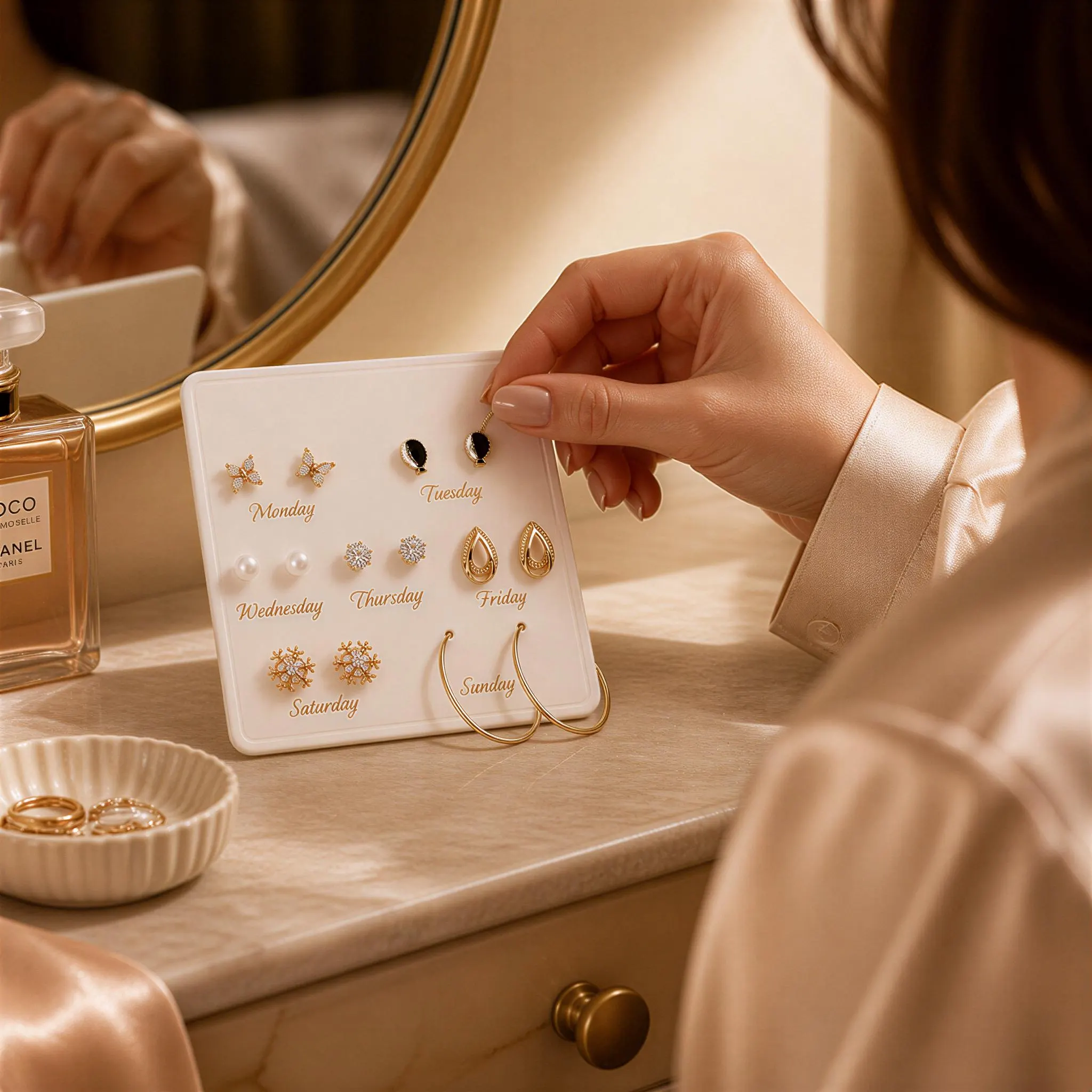 A person's hand is holding a white jewelry display with earrings on it, placed on a vanity or dresser.