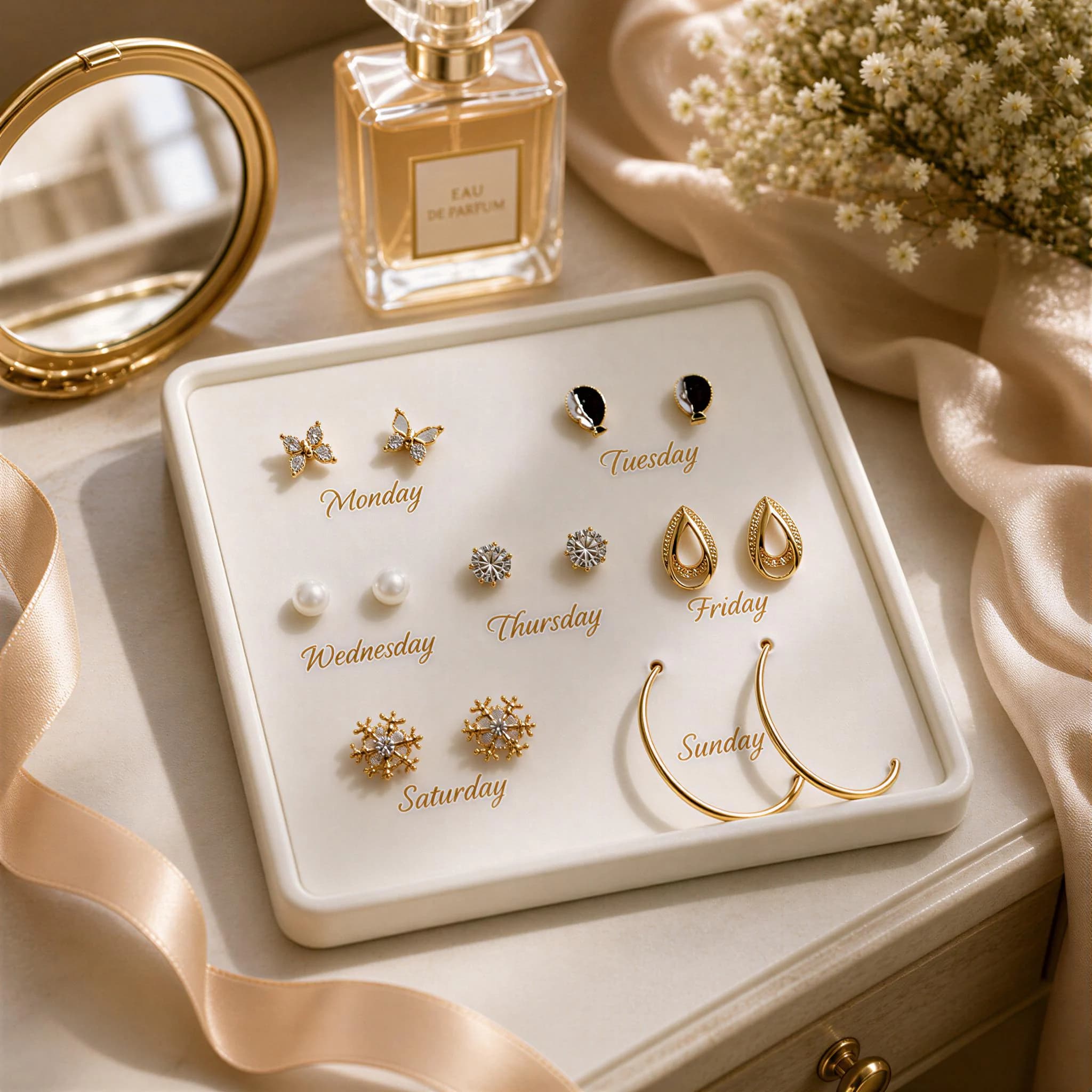 A white jewelry tray displaying various earrings and a perfume bottle, with a bouquet of flowers in the background.
