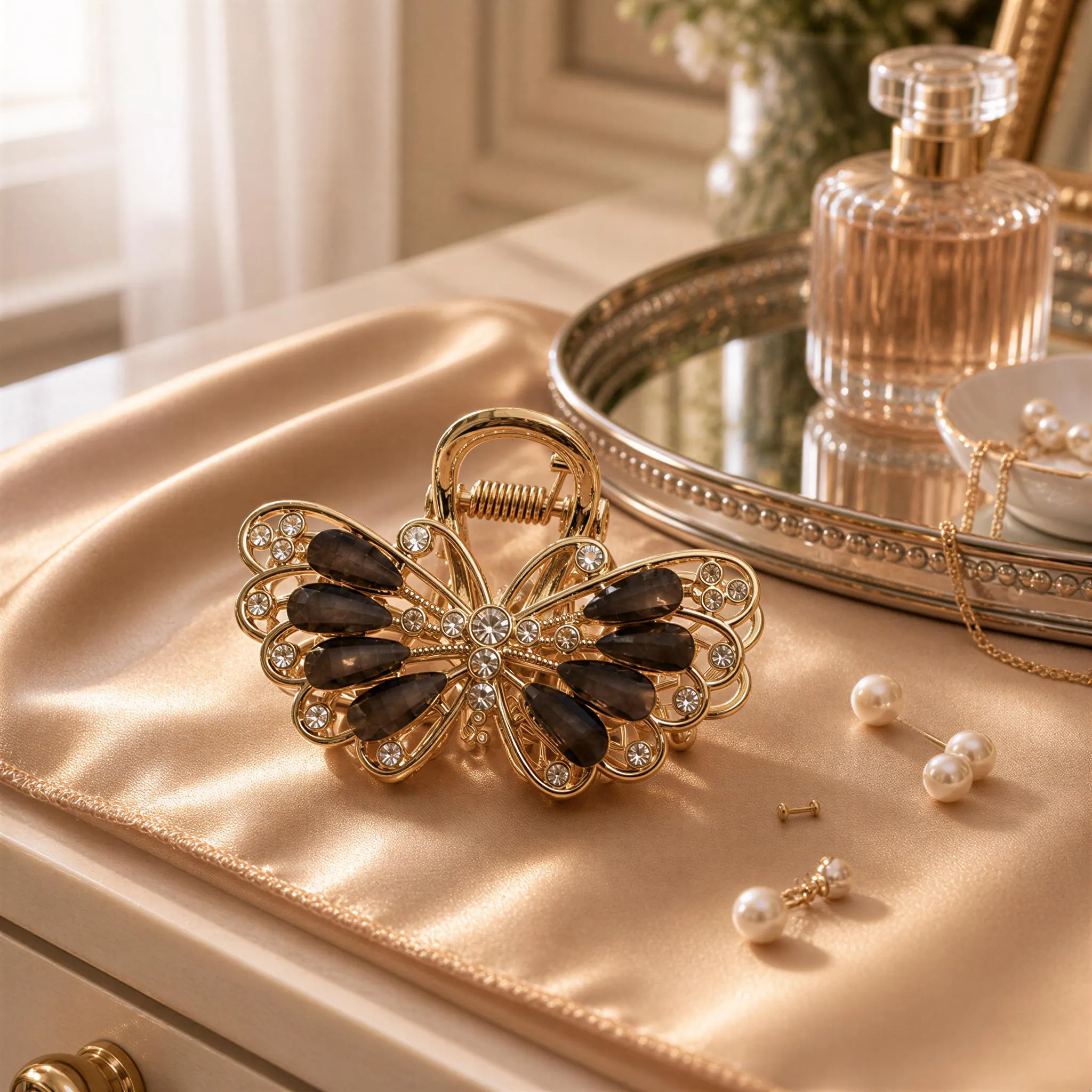 A gold butterfly-shaped hair clip adorned with black gemstones sits on a beige fabric, surrounded by pearls and a perfume bottle.