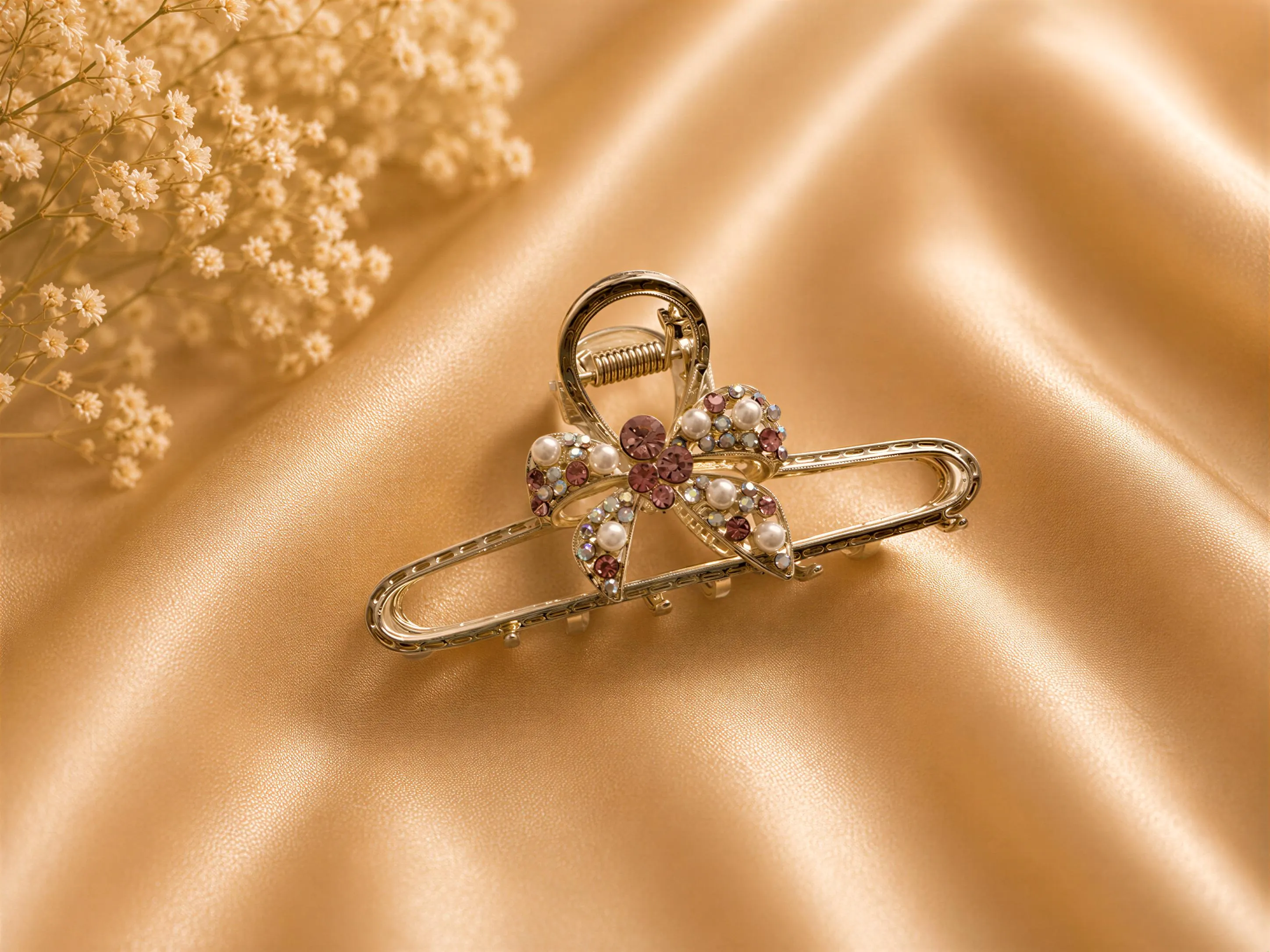 A decorative hair clip with a floral design and gemstones rests on a golden fabric background.