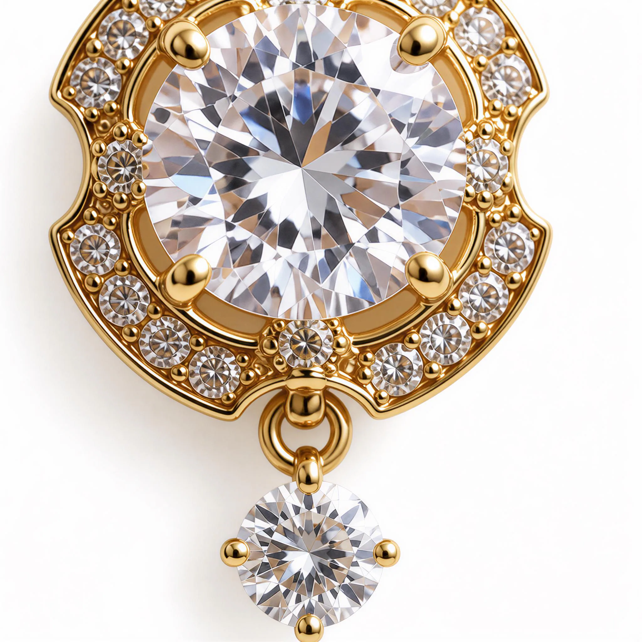 A close-up image of a large, clear gemstone set in a gold-colored frame with smaller diamonds around it.