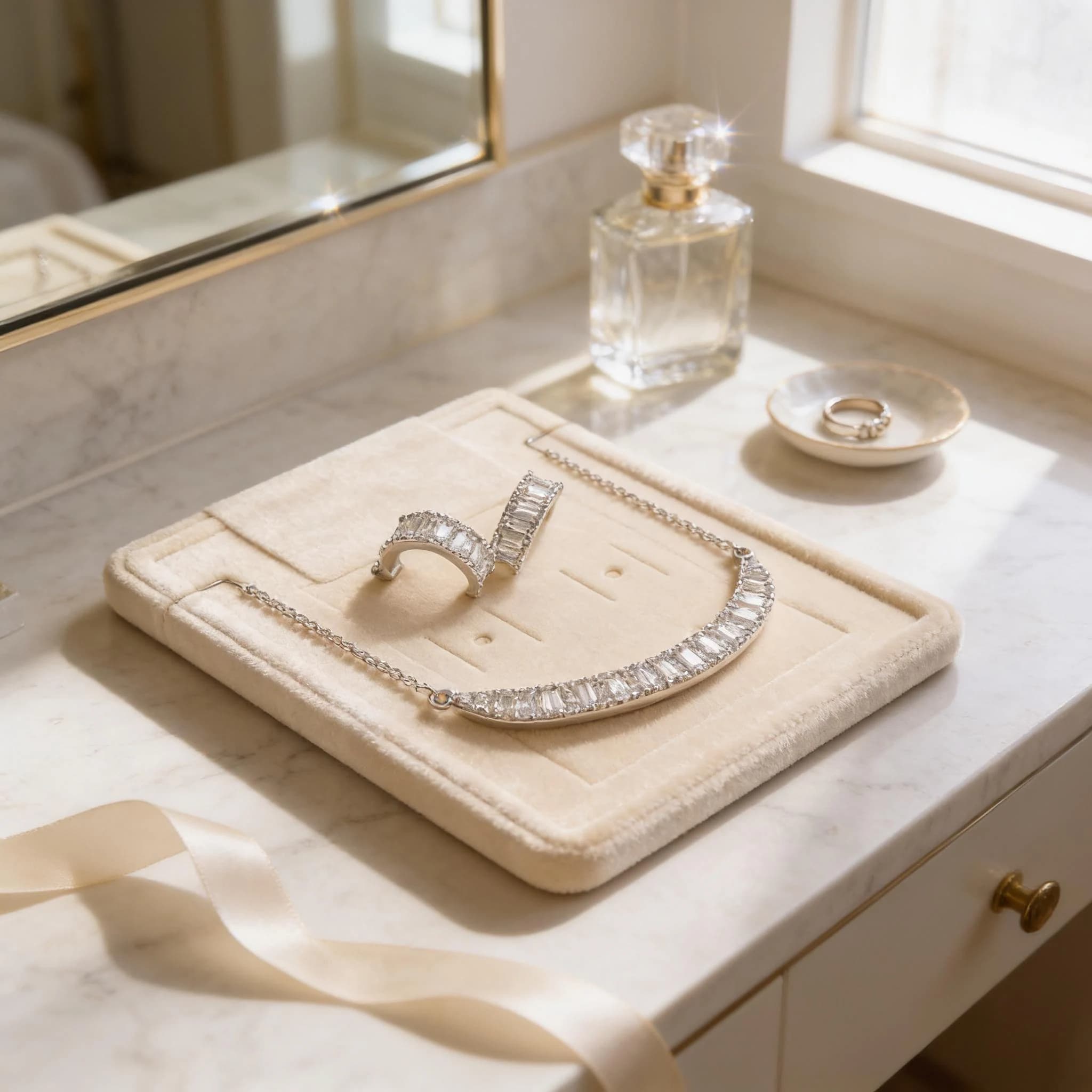 A vanity counter with a necklace, ring, and perfume bottle displayed on it.
