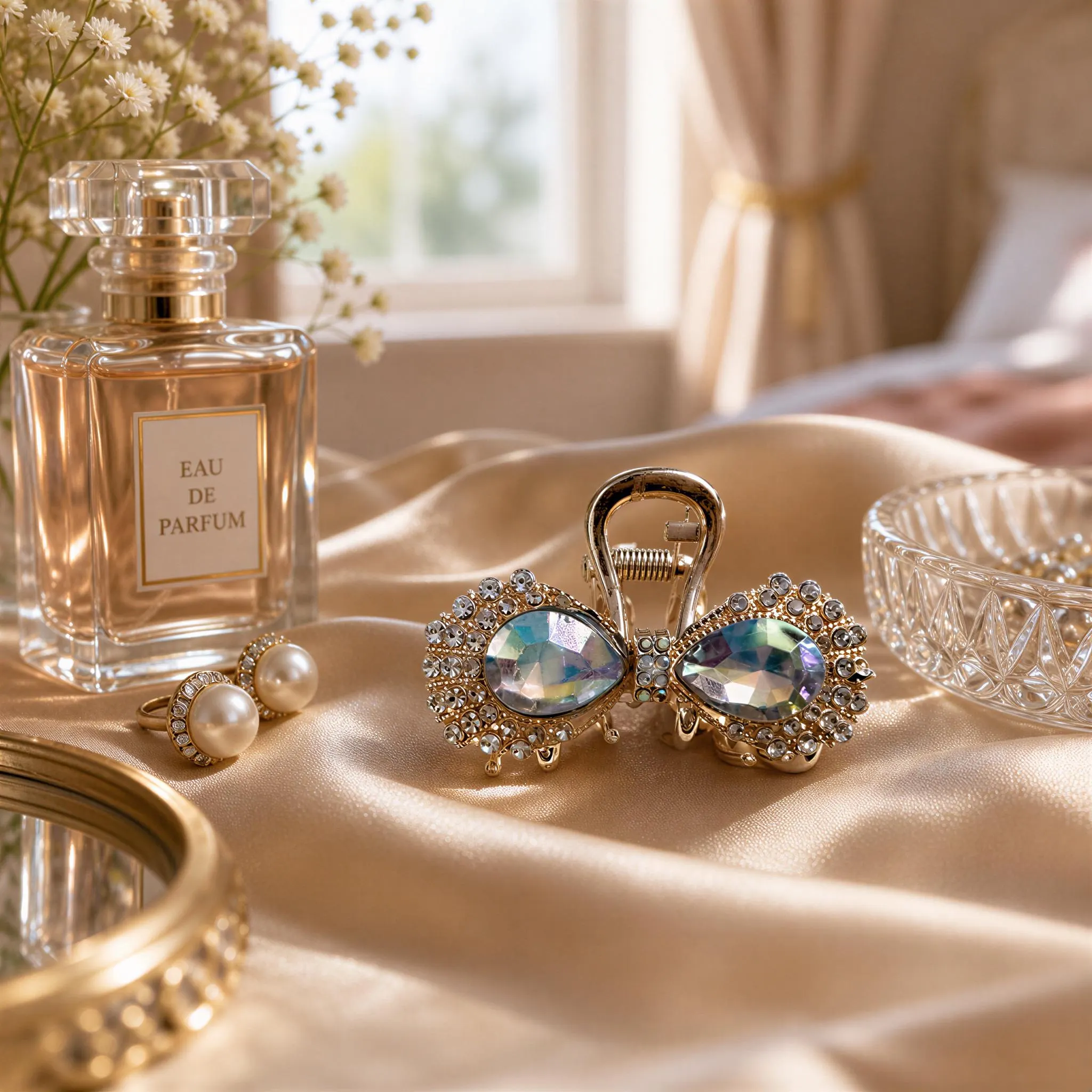 a collection of luxury items, including a perfume bottle, pearls, and a pair of ornate earrings, all arranged on a beige fabric surface.