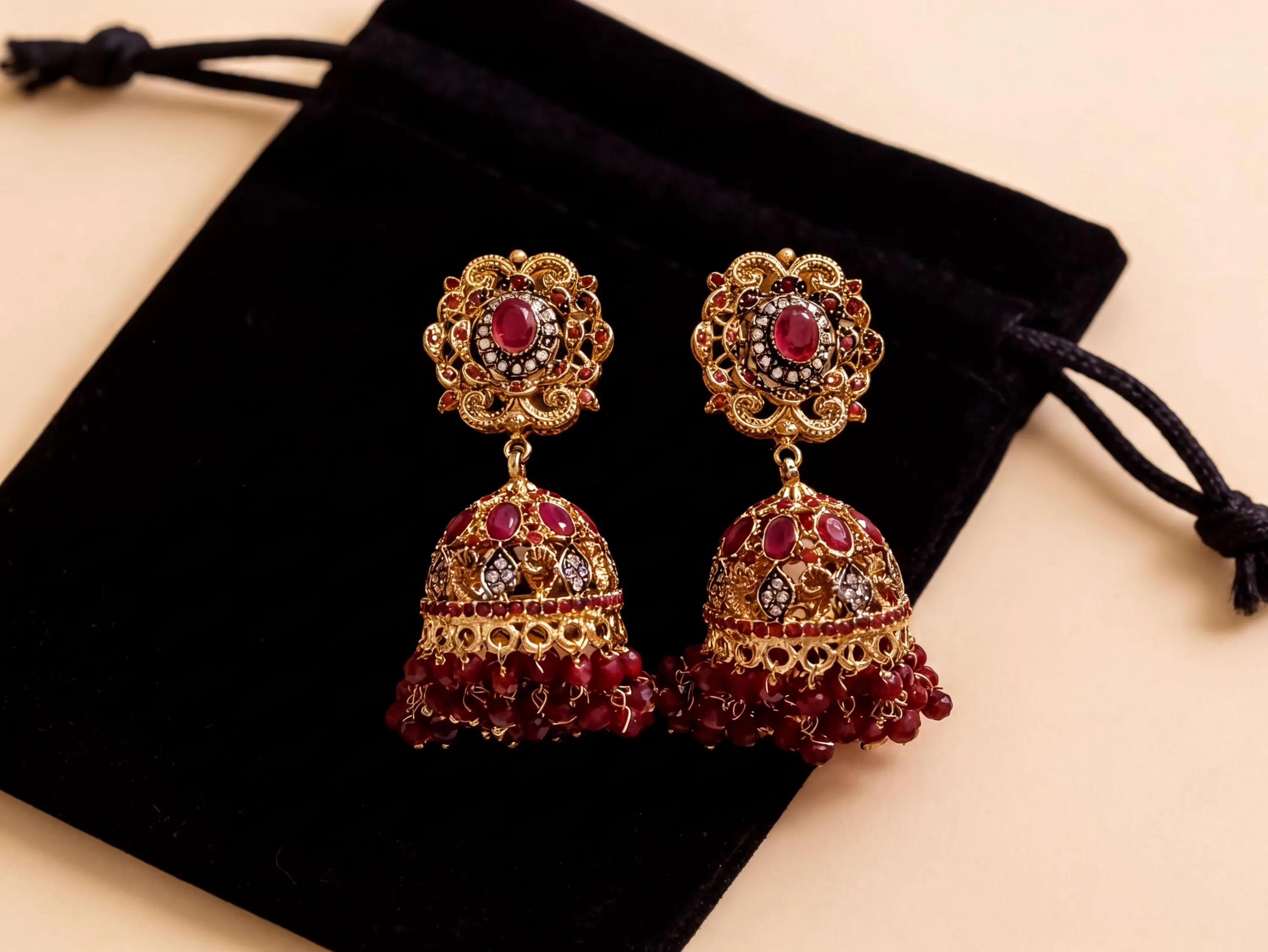 A pair of ornate gold earrings with red gemstones and dangling embellishments, placed on a black velvet background.