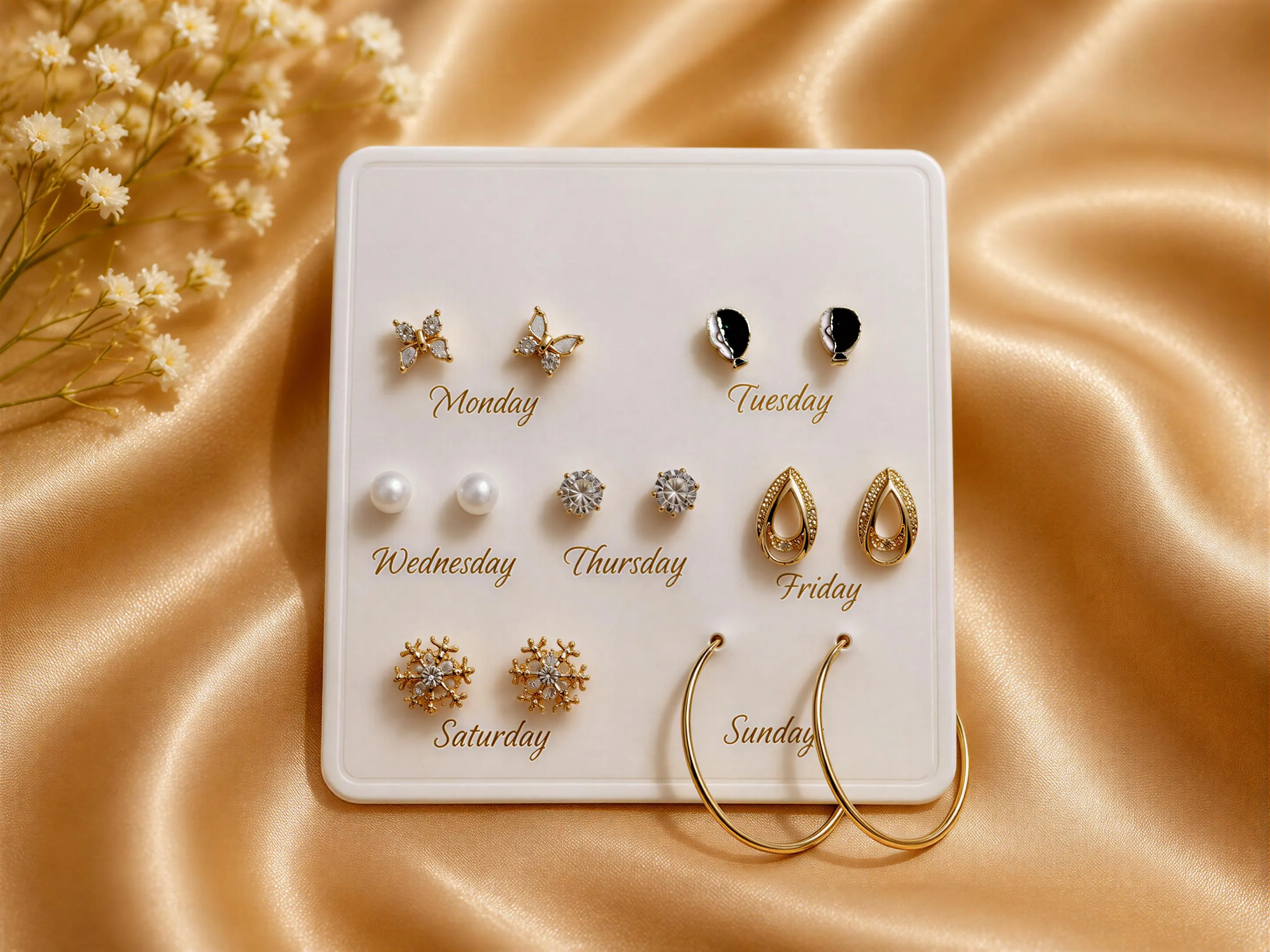A white card displaying various earrings and jewelry pieces, each labeled with the day of the week, placed on a golden background.