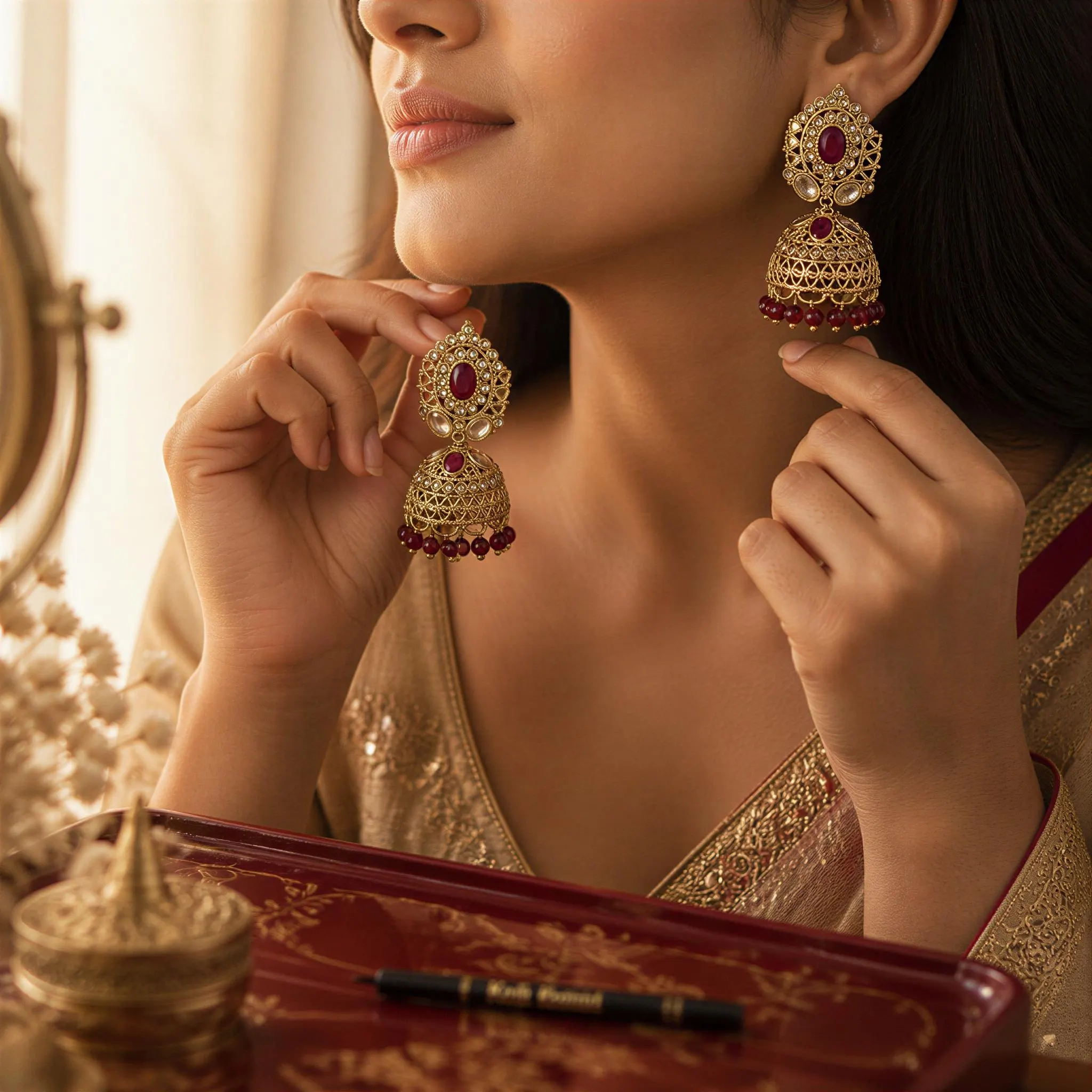 A woman wearing gold and red earrings is holding them up to her ear, with a mirror and a small box of makeup visible in the background.