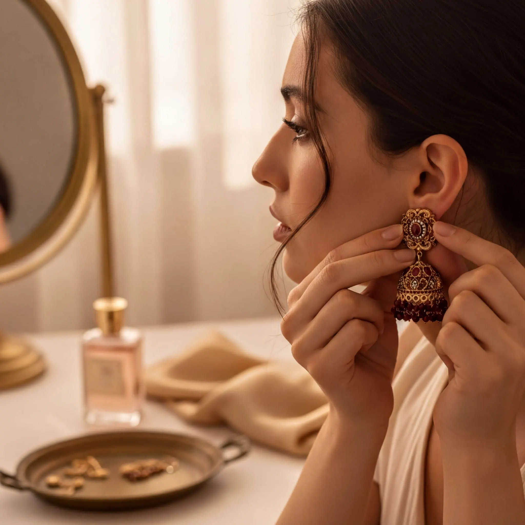 A woman is sitting at a vanity, putting on a pair of ornate earrings. She is holding the earrings up to her ear, carefully adjusting them. The vanity is set against a backdrop of a mirror and a bottle of perfume.