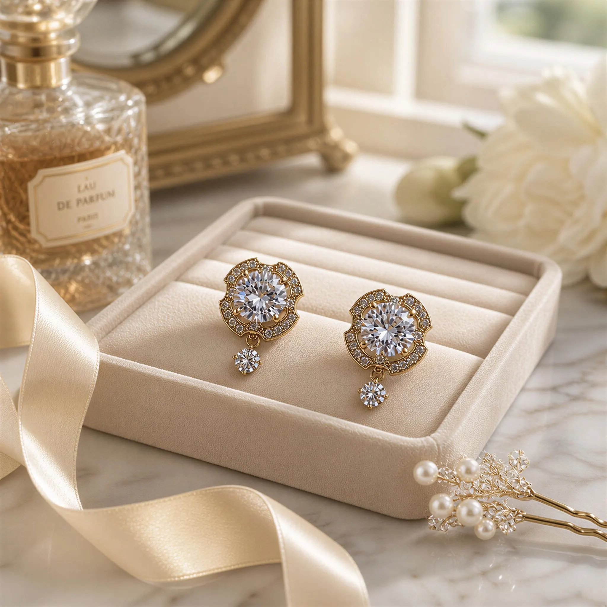 A pair of elegant gold earrings with large, sparkling diamonds are displayed in a beige jewelry box, accompanied by a bottle of perfume and a bouquet of white flowers.