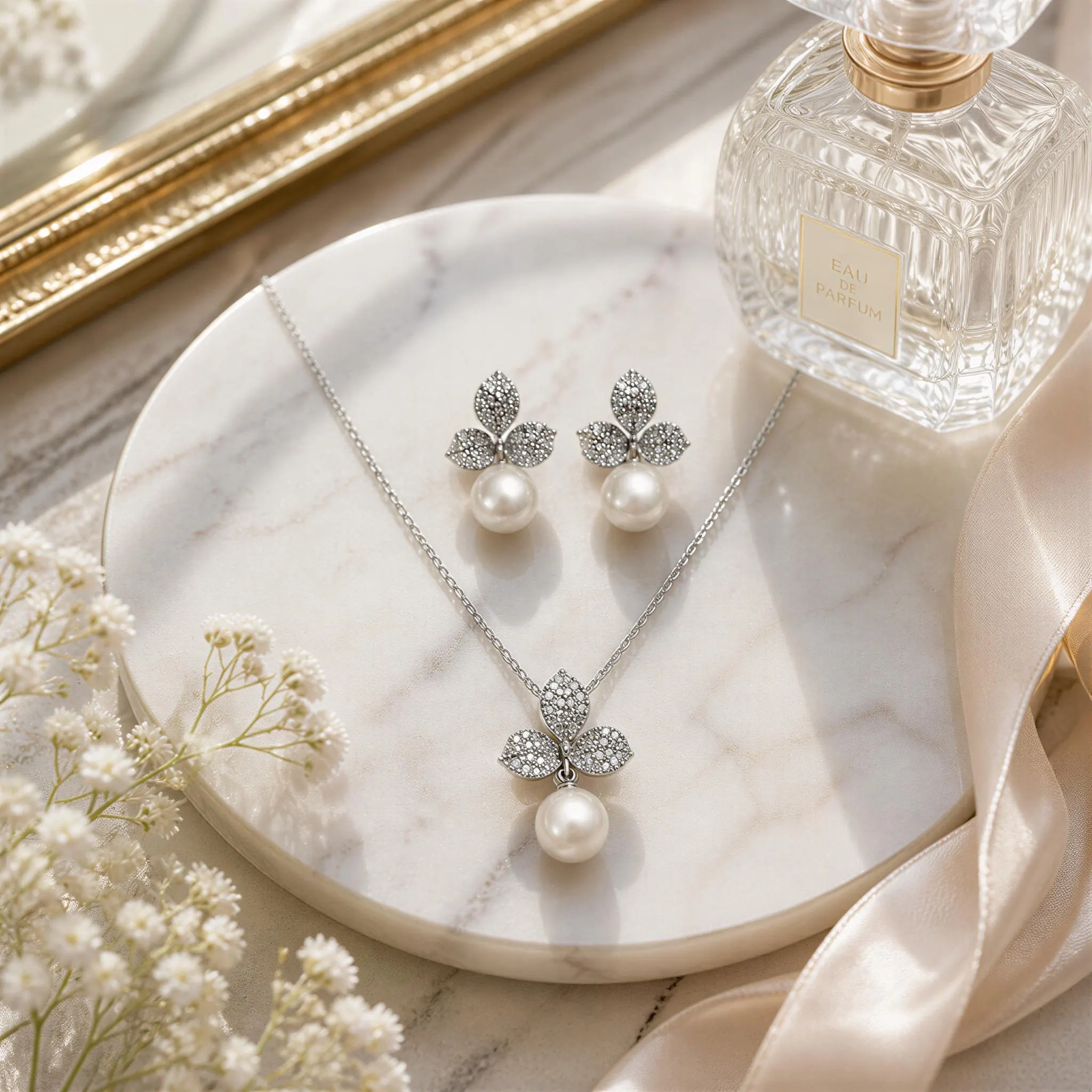A necklace with a pendant and earrings are displayed on a marble surface, accompanied by a perfume bottle and a floral arrangement.