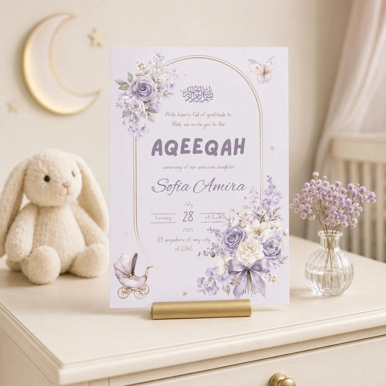 Aqeeqah Invitation Girl Template, Editable Canva Aqiqah Invite, Lavender Floral Muslim Baby Ceremony Invitation, 5x7 Digital Download - image 4