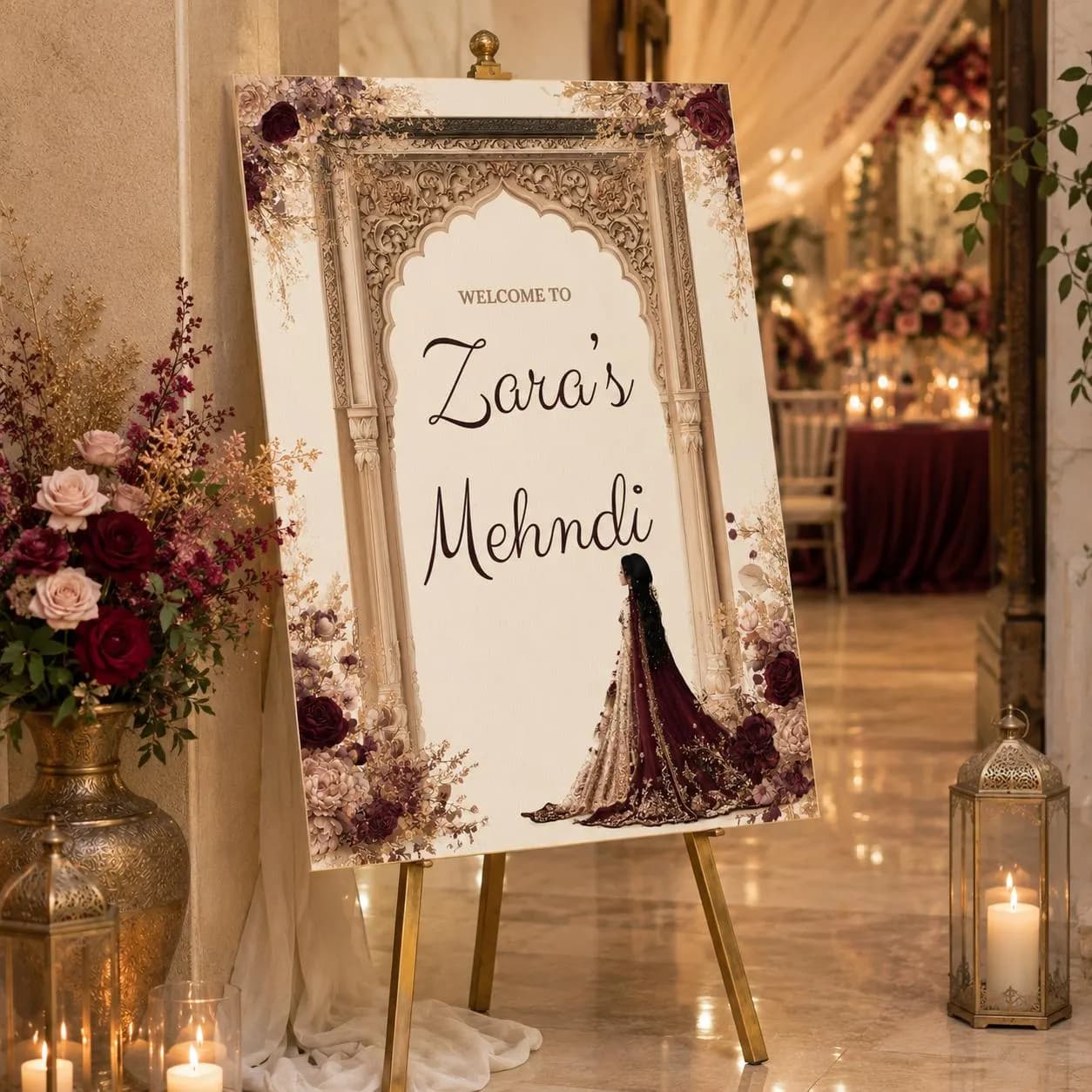 Mehndi Welcome Sign Template, Burgundy Indian Wedding Welcome Sign, Editable Canva Mehendi Sign, Desi Wedding Decor, 18x24 Printable - image 3