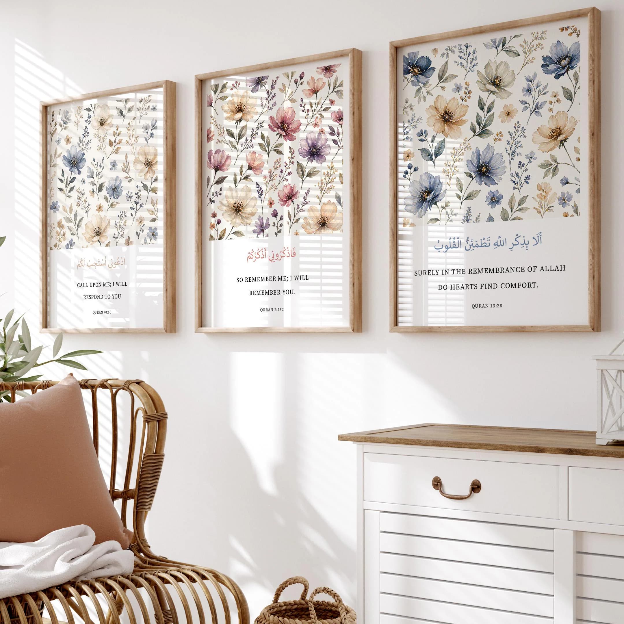slamic Wall Art Set of 3 Printable Quran Verses Arabic Calligraphy Muslim Home Decor Eid Gift Modern Floral Digital Download - image 5
