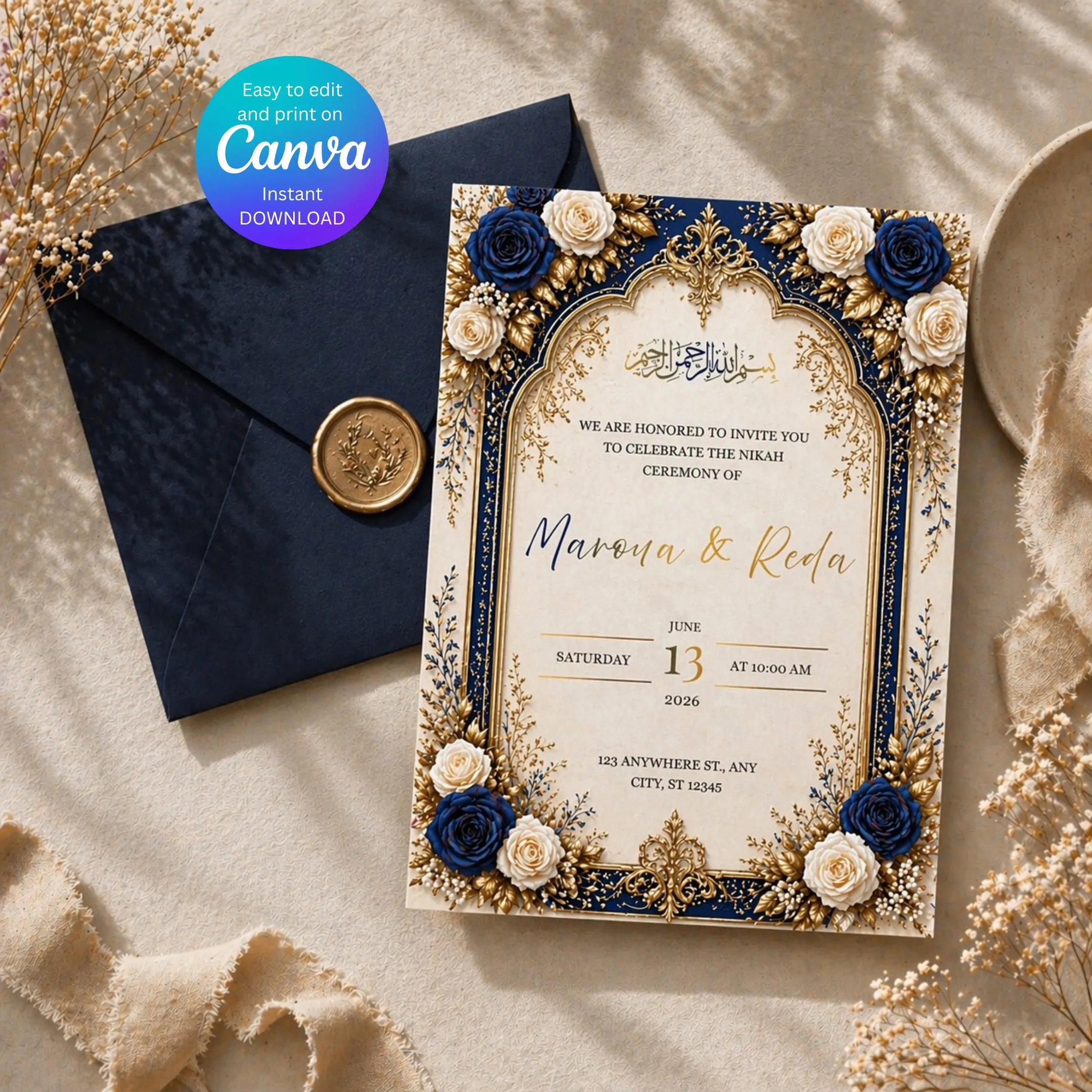 Editable Wedding Invitation Template, Islamic Nikah Invitation, Blue Gold Wedding Invite, Canva Template, Instant Download - image 4