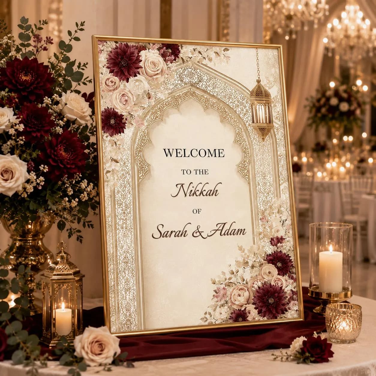 Burgundy & Ivory Nikkah Welcome Sign Template | Editable Canva Islamic Wedding Welcome Poster | Muslim Wedding Entrance Sign - image 3