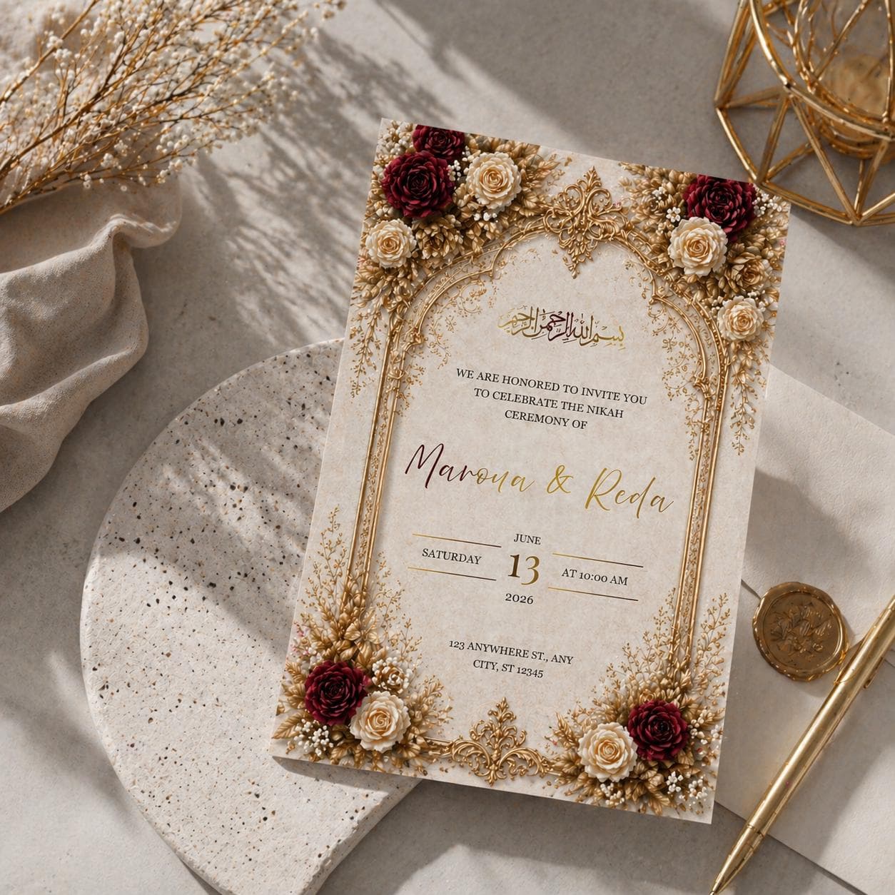 Luxury Islamic Wedding Invitation | Gold Floral Nikah Invite | Editable Canva Template |  Muslim Wedding Card | Elegant Muslim Invite - image 3
