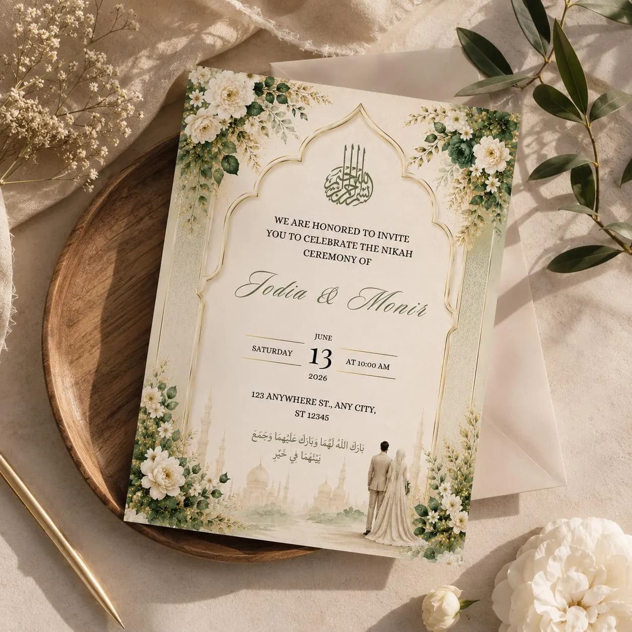 Islamic Wedding Invitation Template Canva Editable | Muslim Nikah Invite | Sage Green Floral Wedding Invitation | Instant Download - image 2