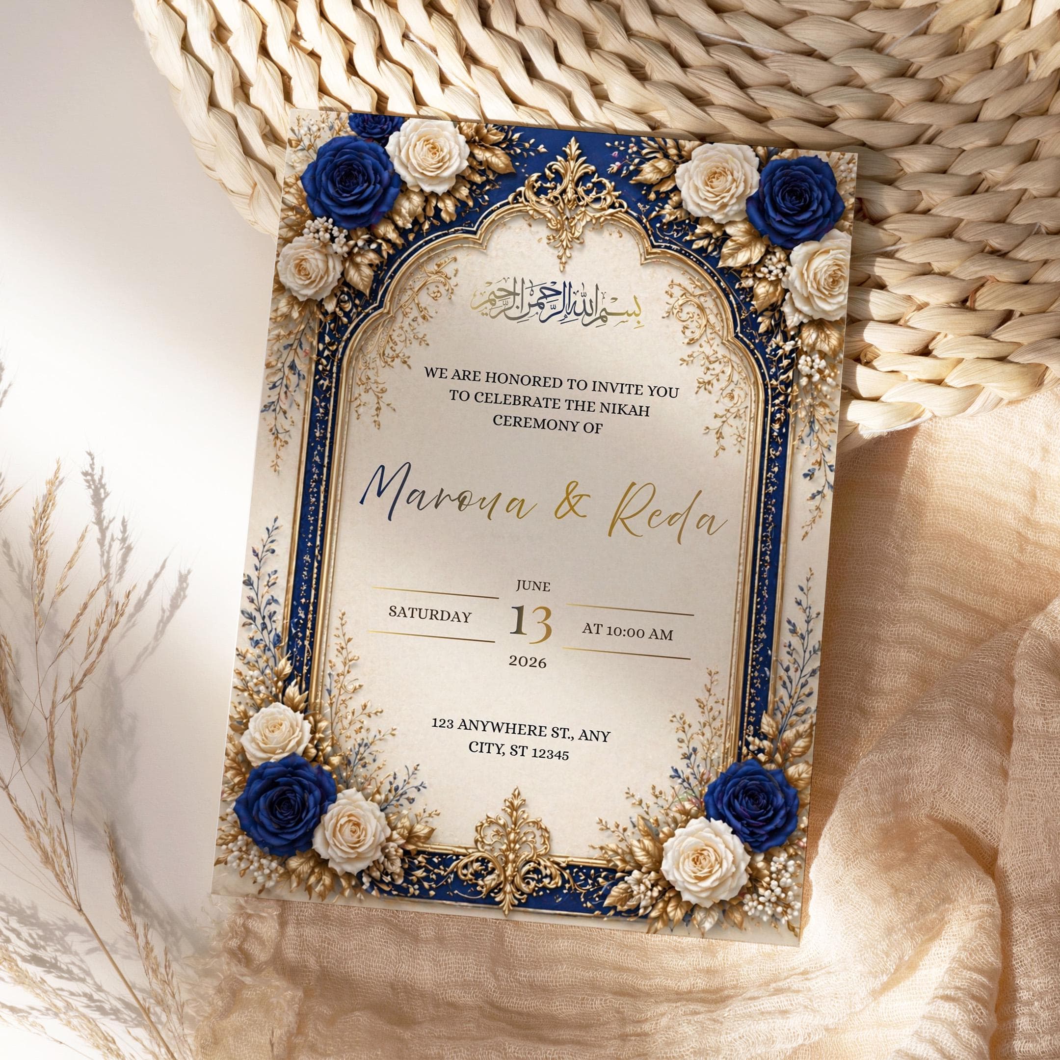 Editable Wedding Invitation Template, Islamic Nikah Invitation, Blue Gold Wedding Invite, Canva Template, Instant Download - image 5