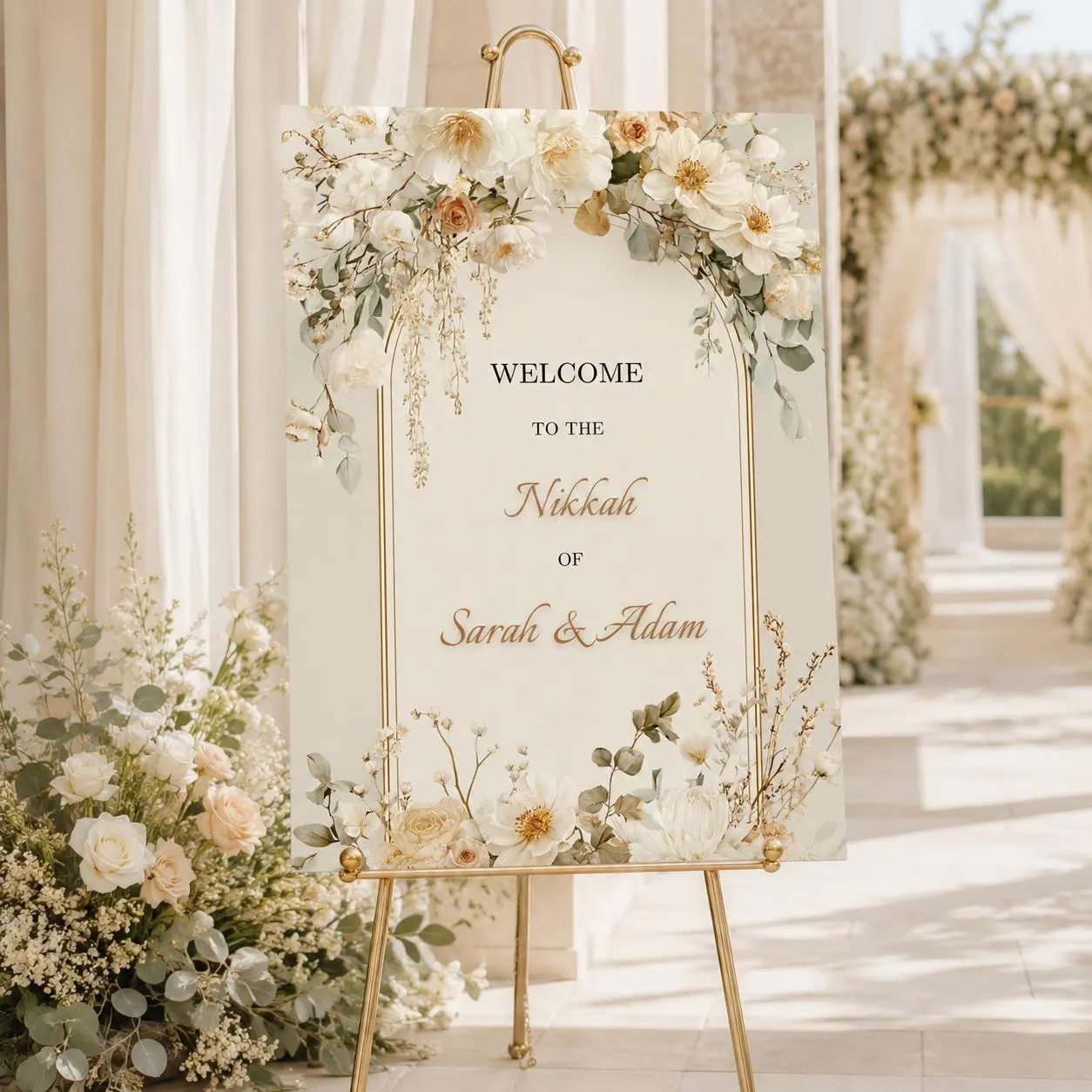 Nikkah Welcome Sign Template, Ivory Floral and Gold Nikah Wedding Sign, Sage Greenery Islamic Wedding Decor, Editable Canva
