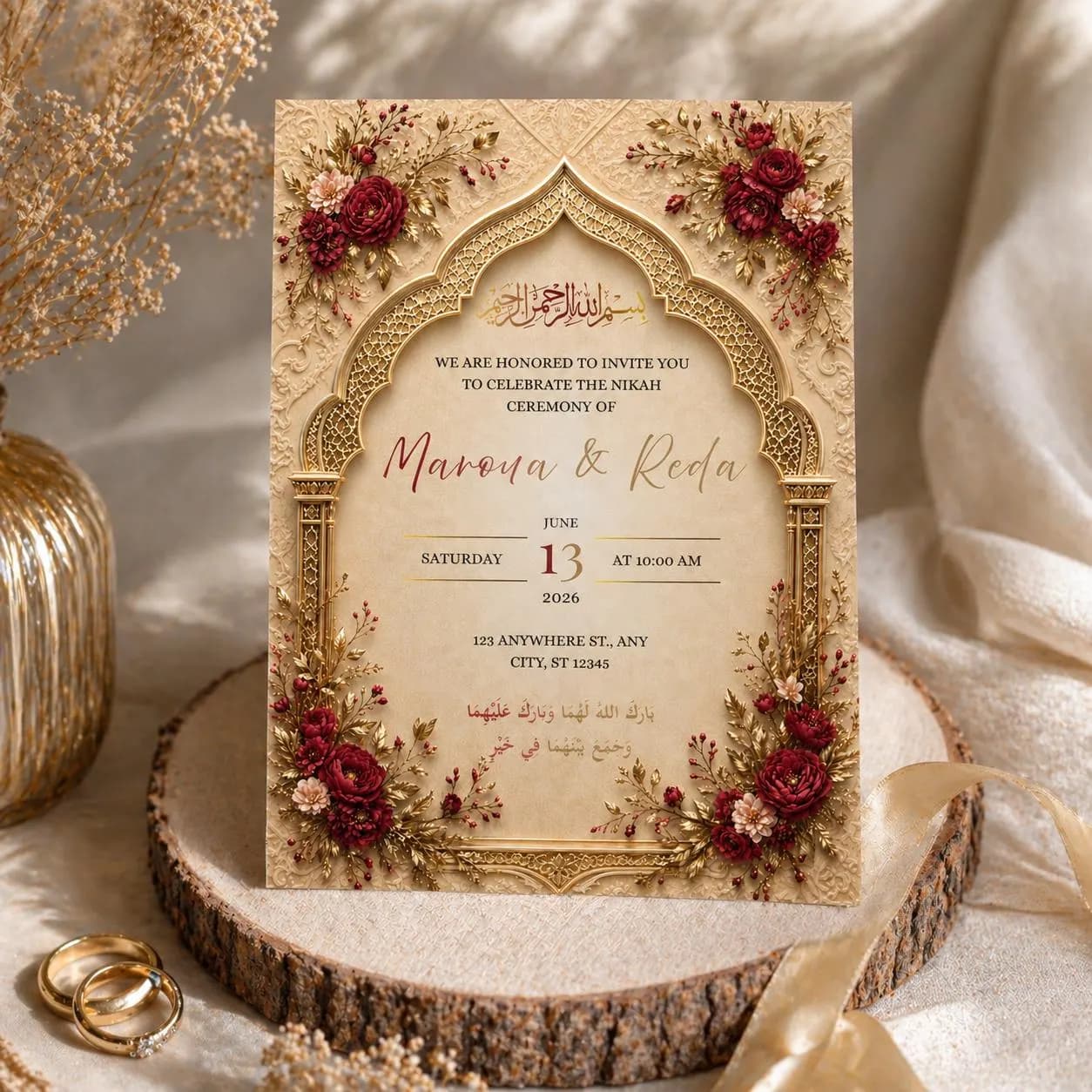 Islamic Wedding Invitation Editable Canva Template | Red Gold Nikah Invite | Luxury Muslim Wedding Card  | 5x7 Printable