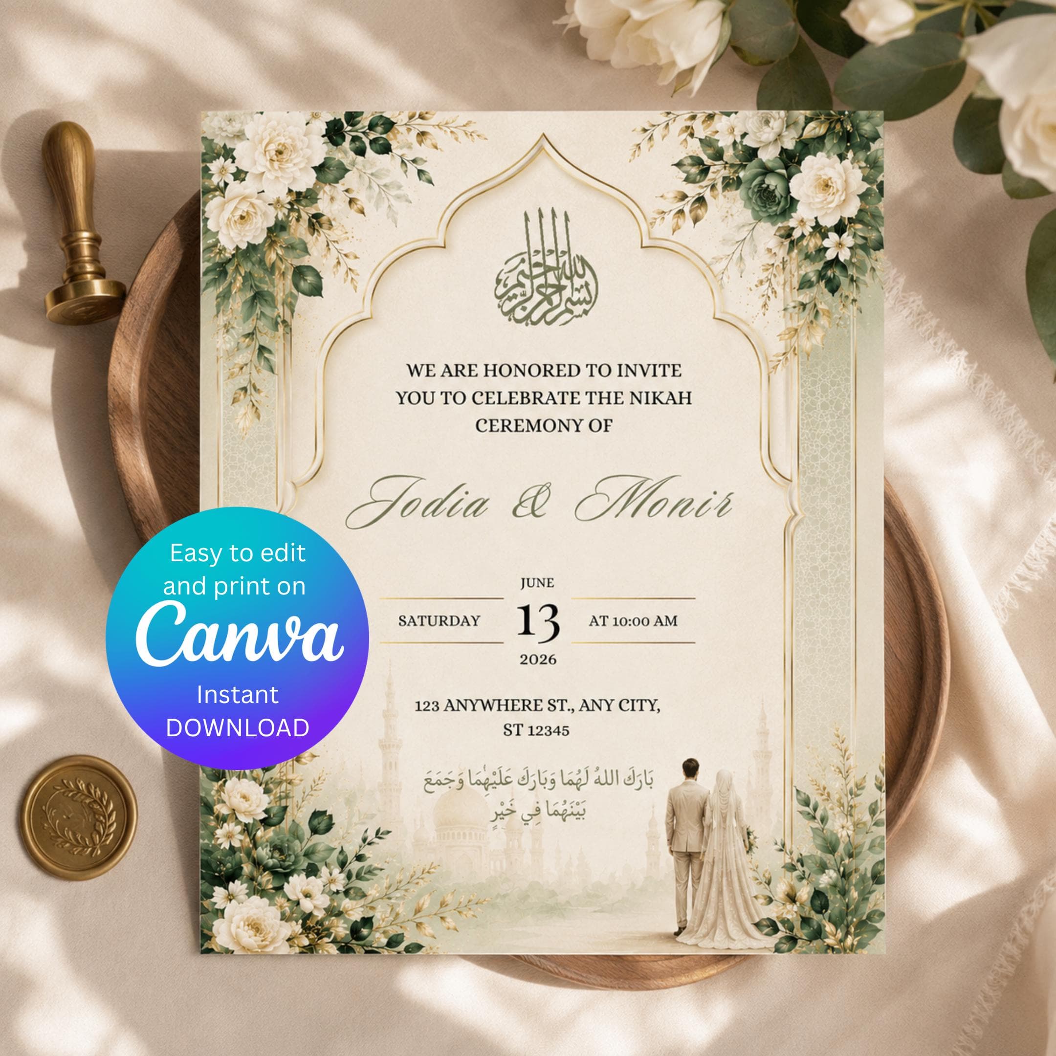 Islamic Wedding Invitation Template Canva Editable | Muslim Nikah Invite | Sage Green Floral Wedding Invitation | Instant Download - image 5