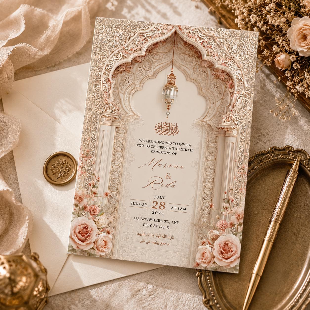 Editable Islamic Nikah Wedding Invitation Template, Luxury Floral Muslim Wedding Invite, Ornate Arch Canva Invitation, Instant Download - image 5