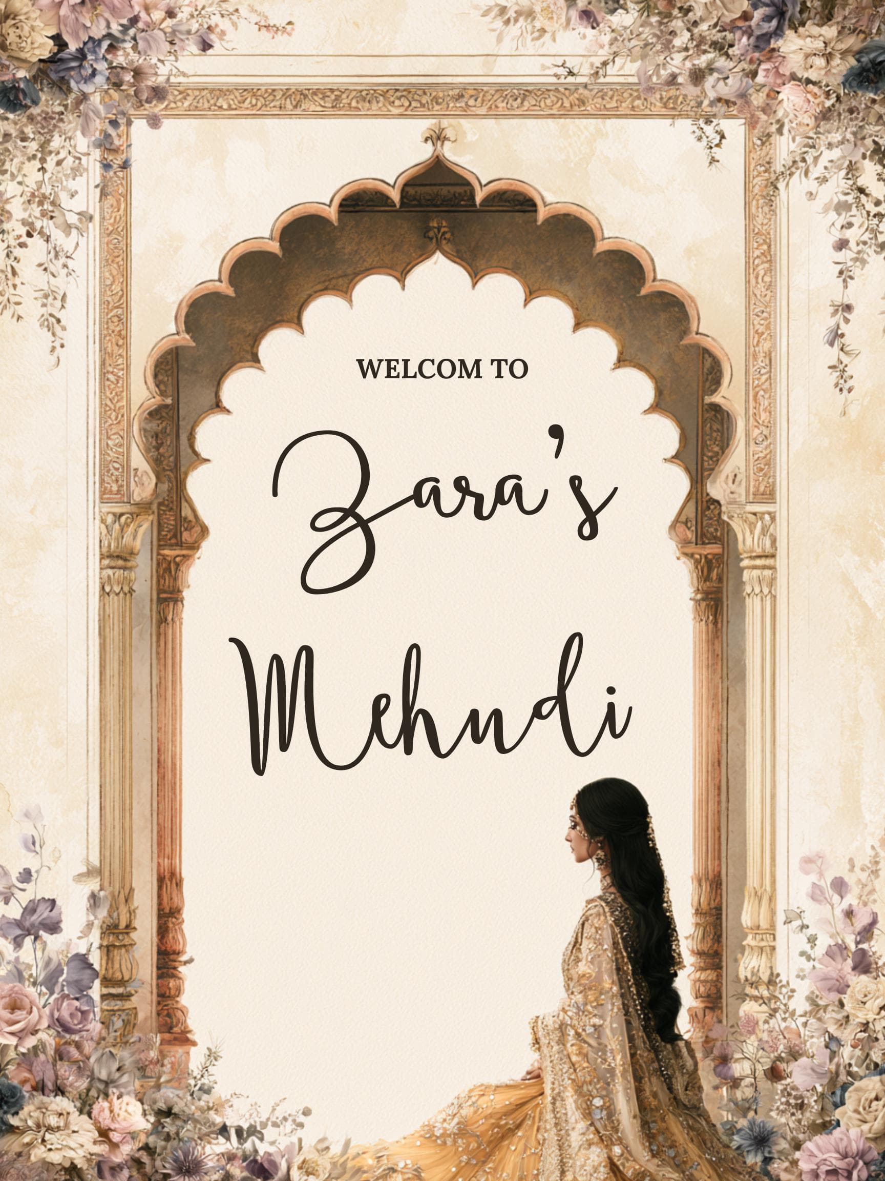 Mehndi Welcome Sign Template, Mughal Arch Indian Wedding Sign, Editable Canva Mehendi Welcome Sign, Neutral Floral Desi Wedding Decor - image 4
