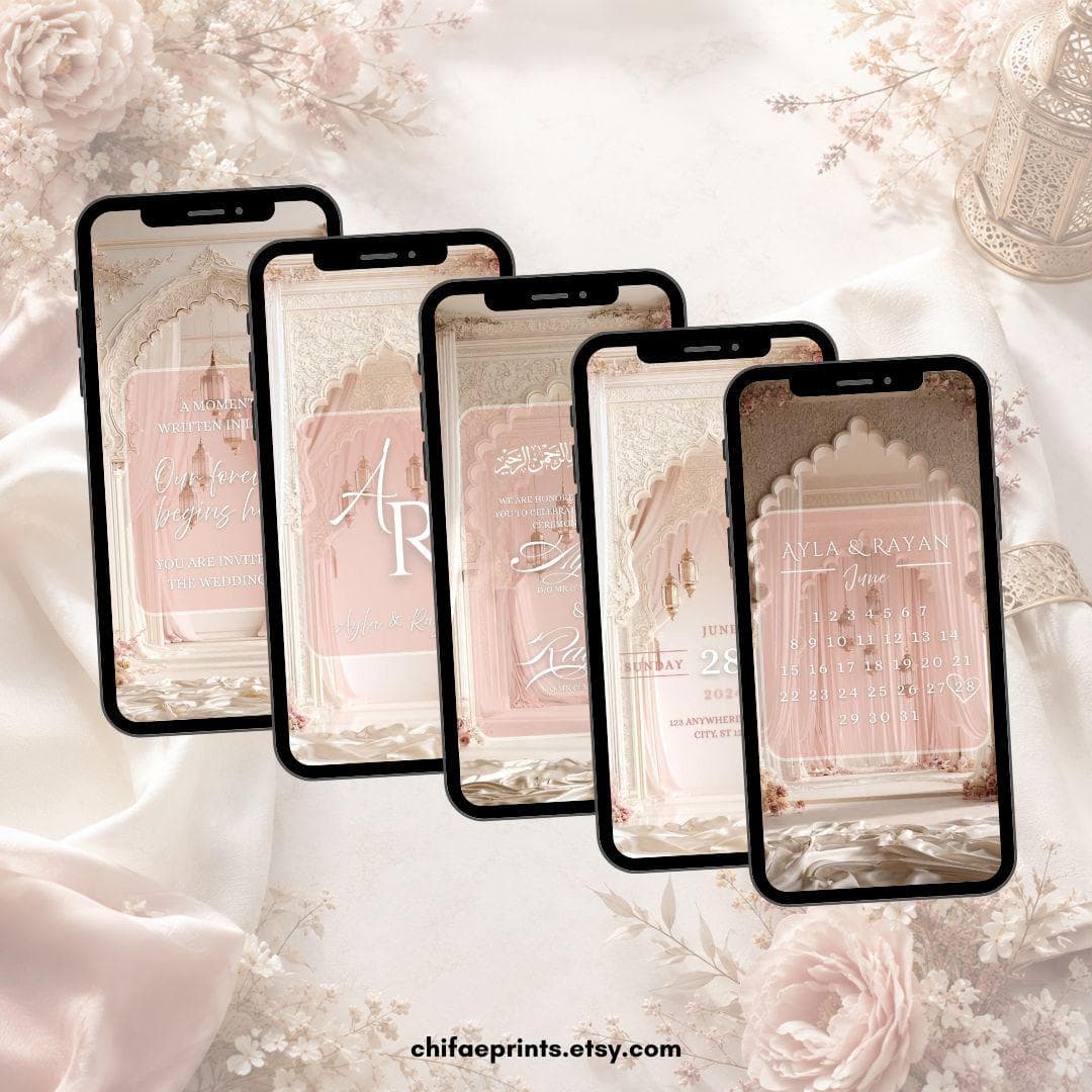 Blush Pink Gold Nikkah Video Invitation, Animated Muslim Wedding Invite, Beige Islamic Wedding Mobile Invitation, Editable Canva Template - image 3