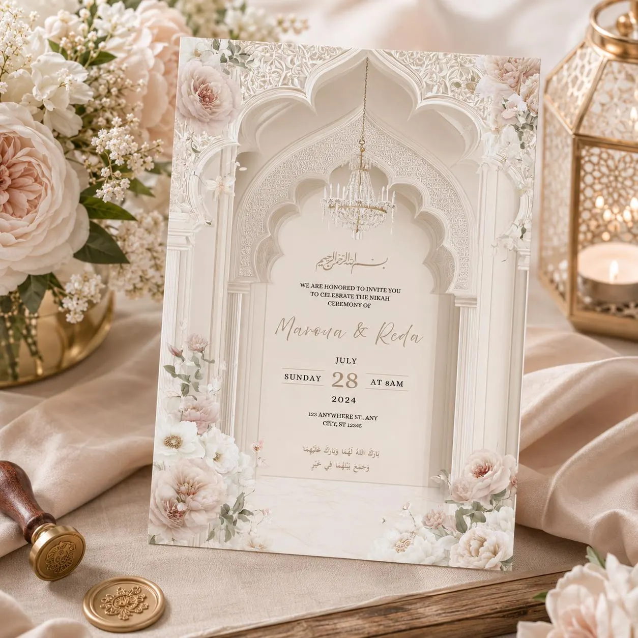 Editable Islamic Nikah Wedding Invitation Template, Luxury Ivory Muslim Wedding Invite, Floral Arch Canva Template, Instant Download