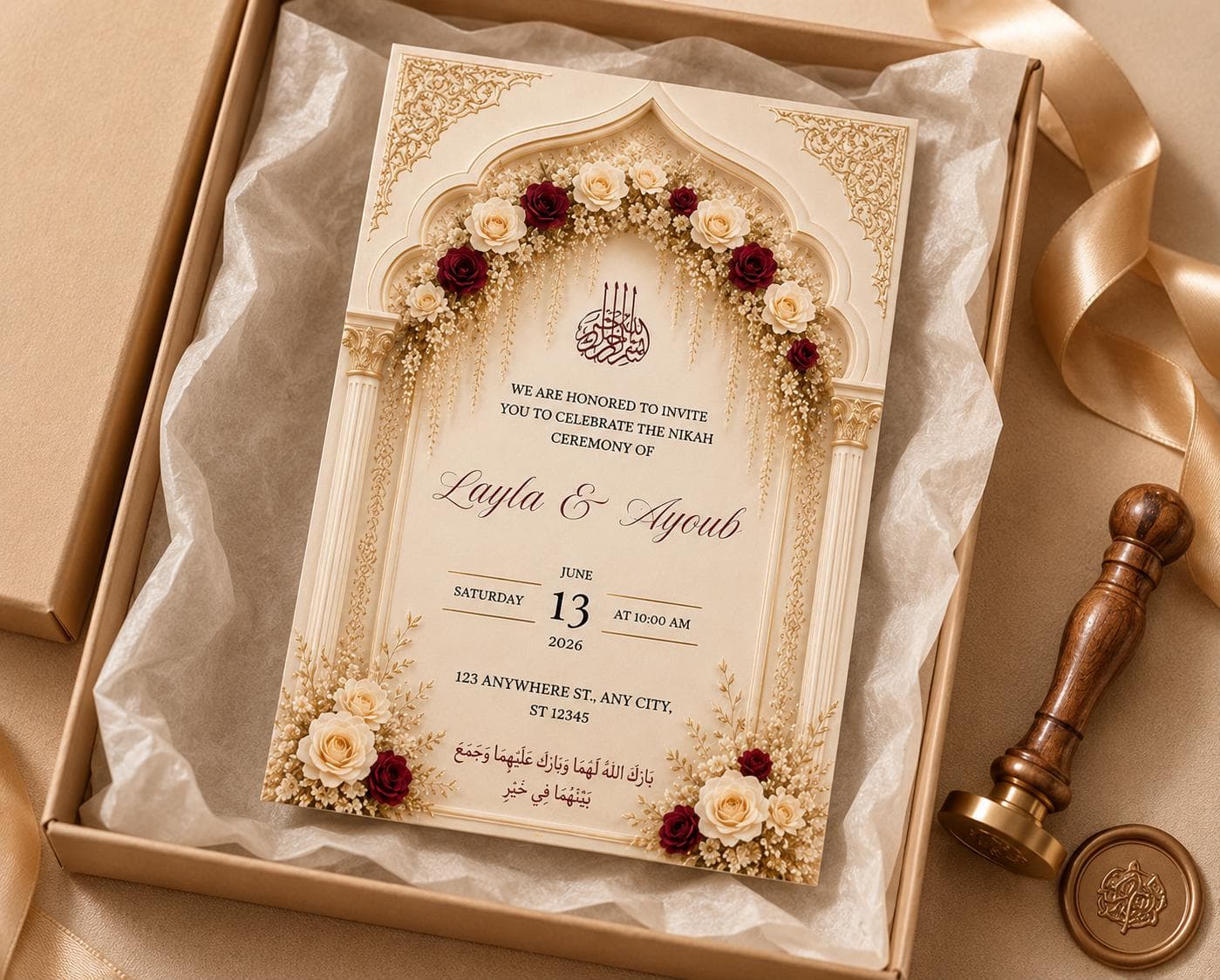 Editable Islamic Wedding Invitation Canva Template, Elegant Muslim Nikah Invite, Luxury Gold Floral Wedding Card 5x7 - image 3