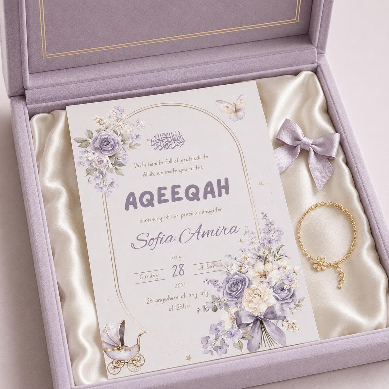 Aqeeqah Invitation Girl Template, Editable Canva Aqiqah Invite, Lavender Floral Muslim Baby Ceremony Invitation, 5x7 Digital Download - image 3