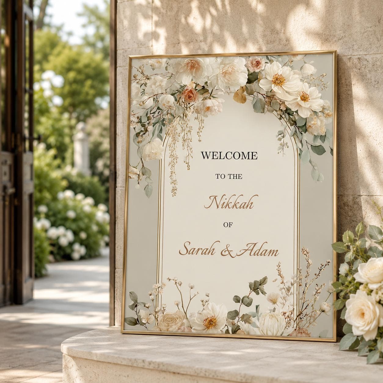 Nikkah Welcome Sign Template, Ivory Floral and Gold Nikah Wedding Sign, Sage Greenery Islamic Wedding Decor, Editable Canva - image 5