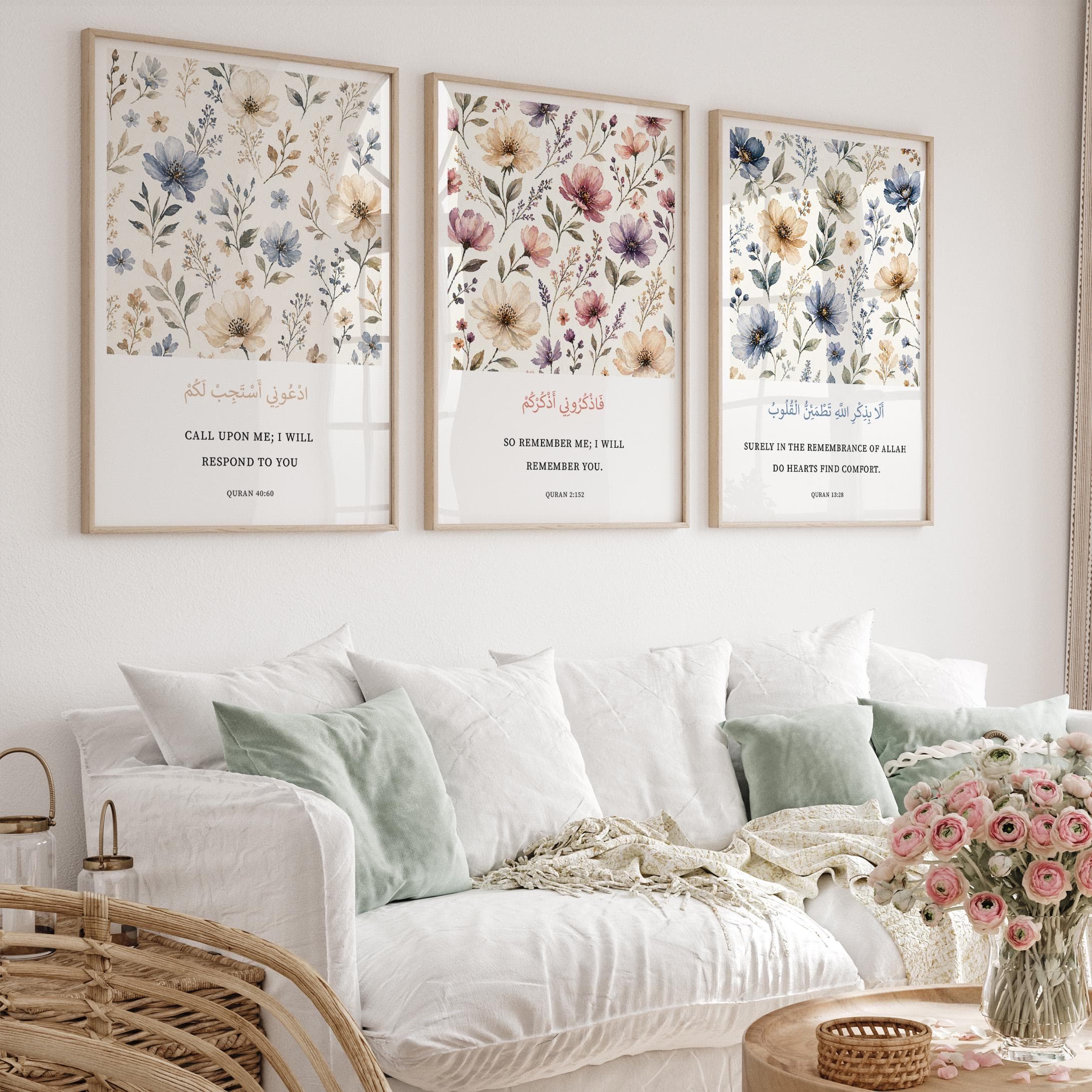 slamic Wall Art Set of 3 Printable Quran Verses Arabic Calligraphy Muslim Home Decor Eid Gift Modern Floral Digital Download - image 3