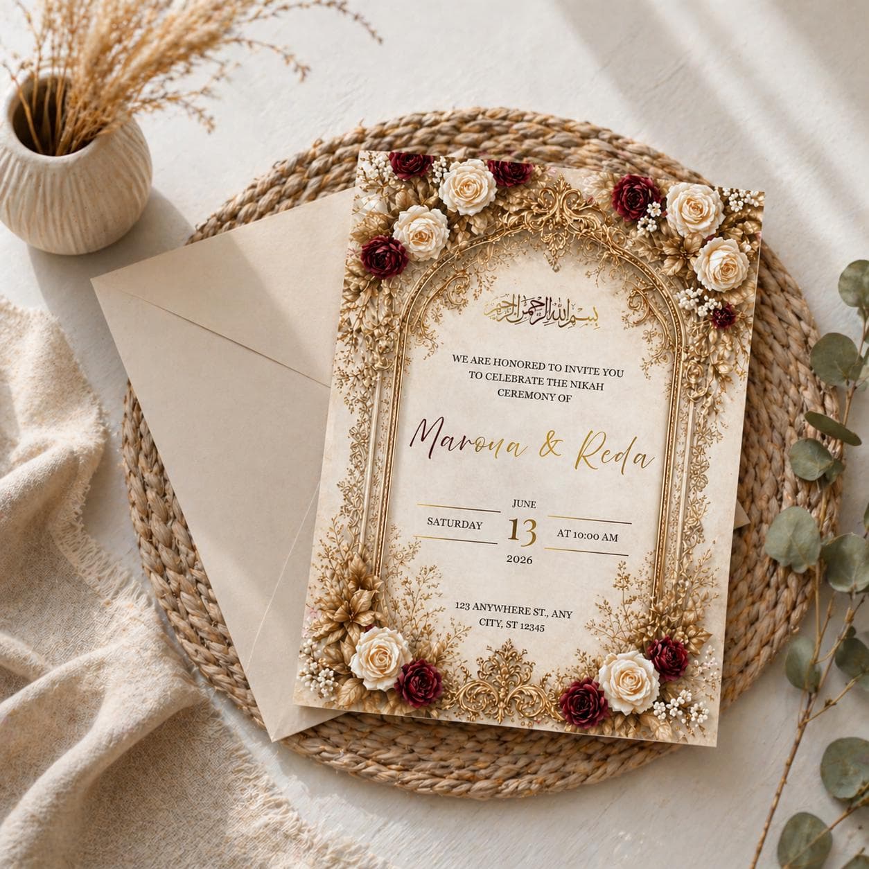 Luxury Islamic Wedding Invitation | Gold Floral Nikah Invite | Editable Canva Template |  Muslim Wedding Card | Elegant Muslim Invite