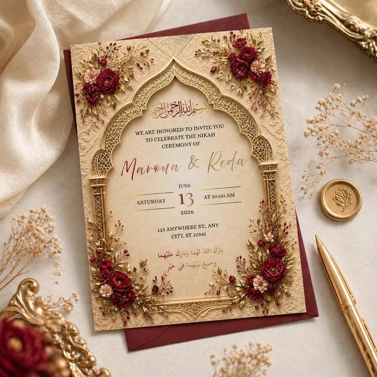 Islamic Wedding Invitation Editable Canva Template | Red Gold Nikah Invite | Luxury Muslim Wedding Card  | 5x7 Printable - image 3