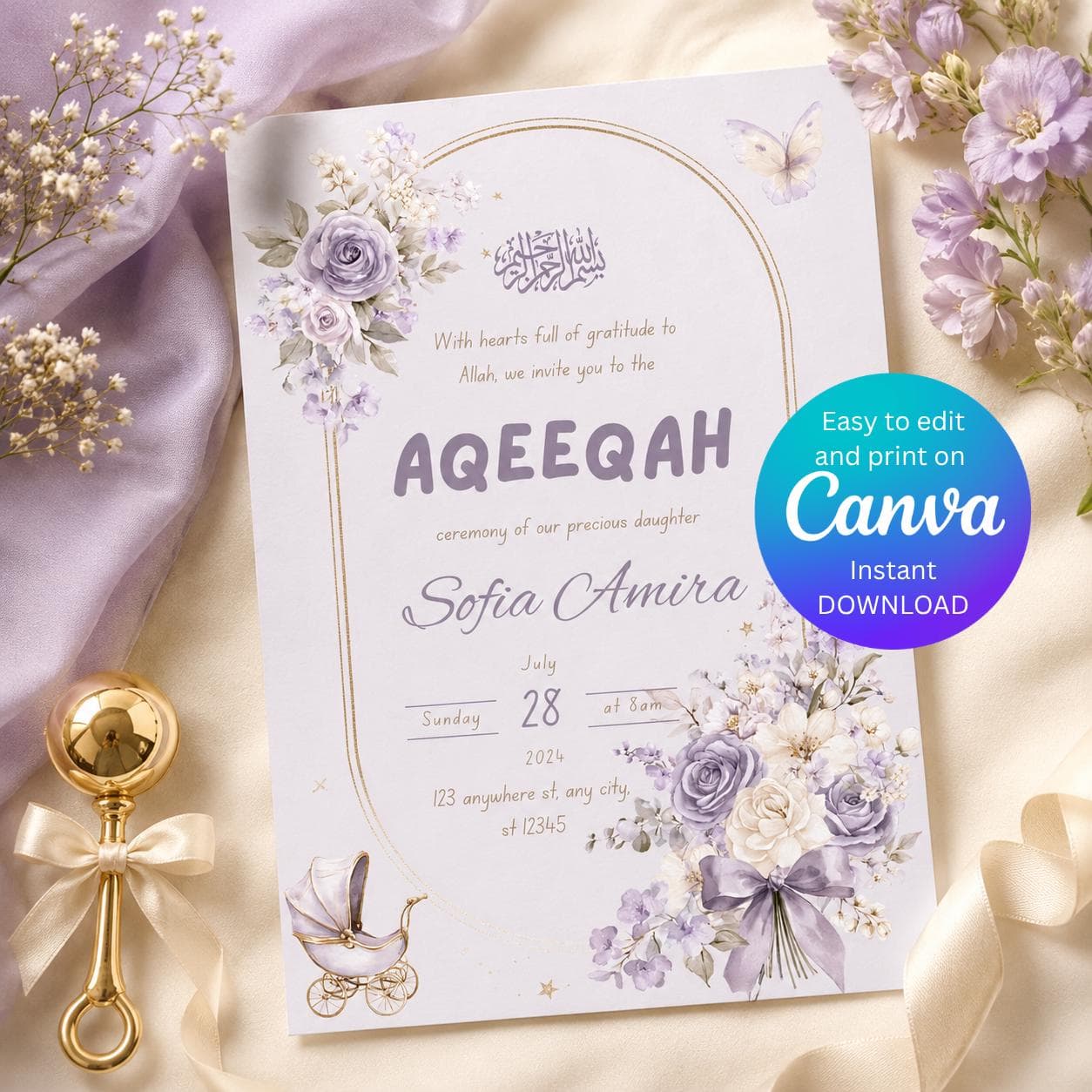 Aqeeqah Invitation Girl Template, Editable Canva Aqiqah Invite, Lavender Floral Muslim Baby Ceremony Invitation, 5x7 Digital Download - image 5