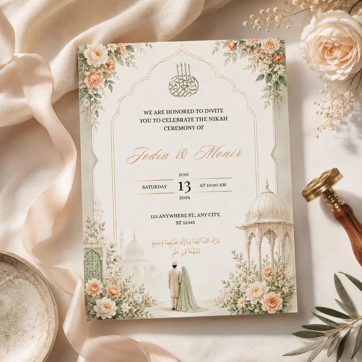 Luxury Islamic Wedding Invitation Canva Template, Elegant Sage Green Muslim Nikah Invitation Download