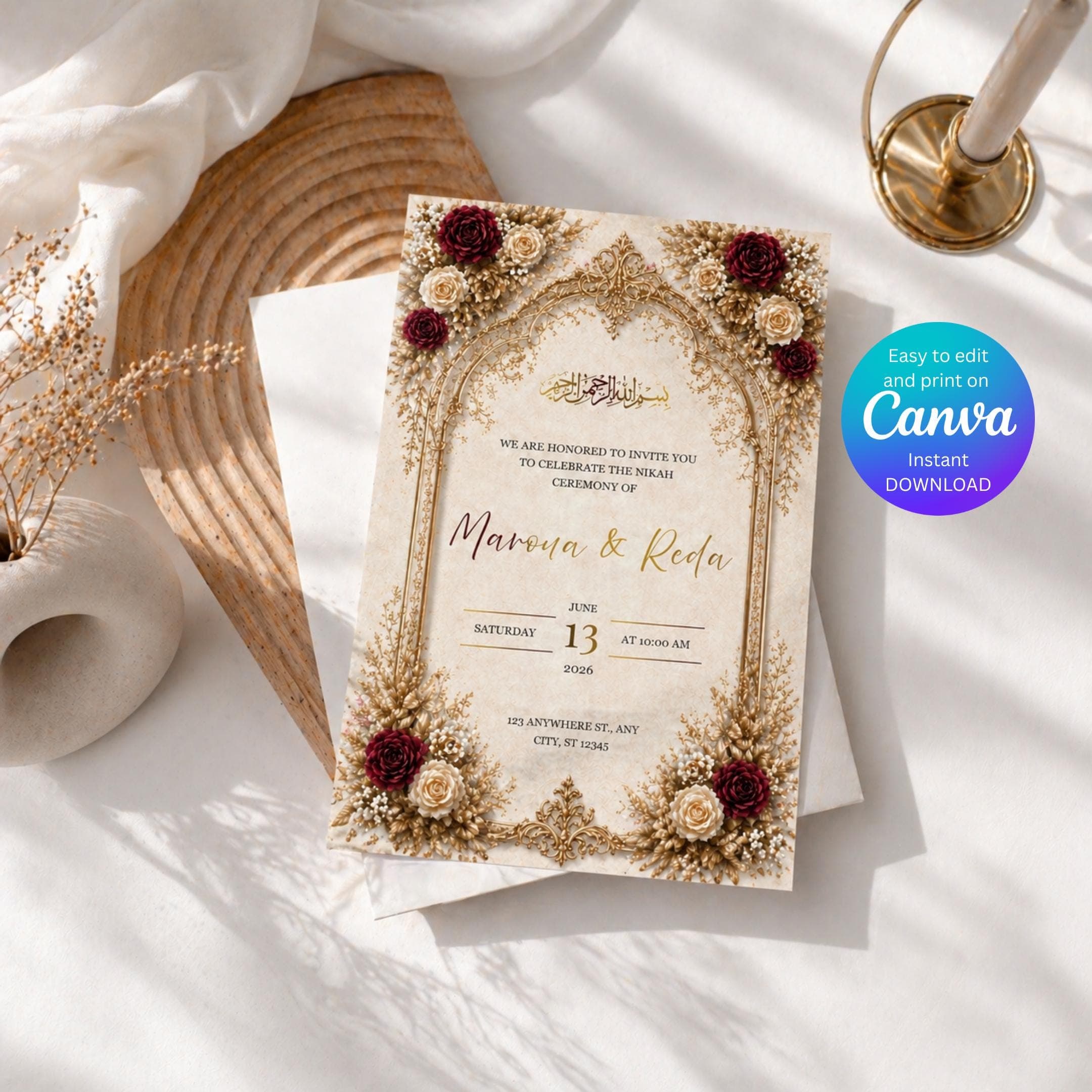 Luxury Islamic Wedding Invitation | Gold Floral Nikah Invite | Editable Canva Template |  Muslim Wedding Card | Elegant Muslim Invite - image 4