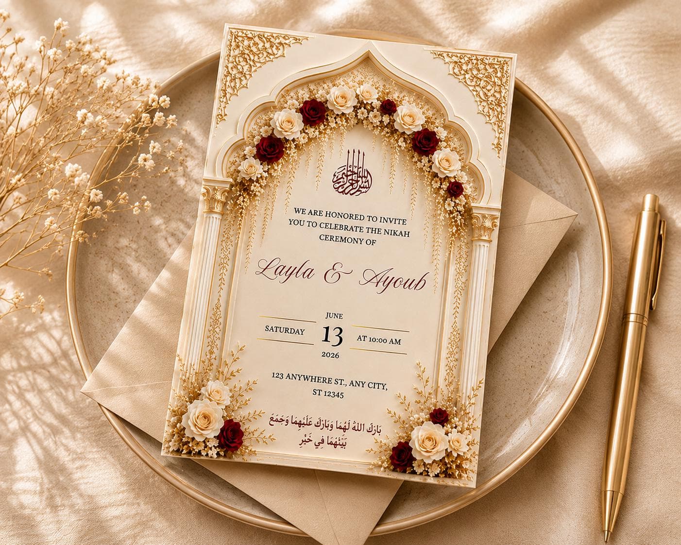 Editable Islamic Wedding Invitation Canva Template, Elegant Muslim Nikah Invite, Luxury Gold Floral Wedding Card 5x7 - image 4