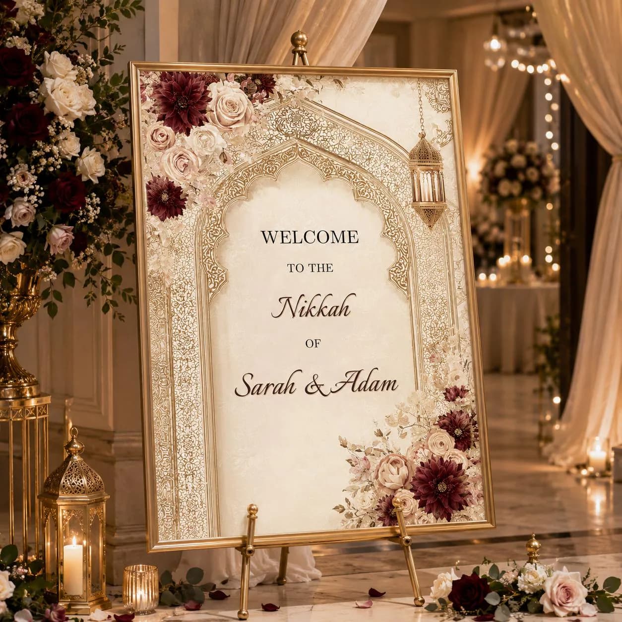 Burgundy & Ivory Nikkah Welcome Sign Template | Editable Canva Islamic Wedding Welcome Poster | Muslim Wedding Entrance Sign