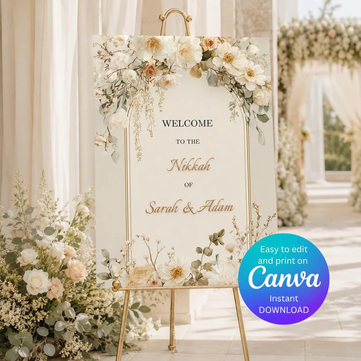 Nikkah Welcome Sign Template, Ivory Floral and Gold Nikah Wedding Sign, Sage Greenery Islamic Wedding Decor, Editable Canva - image 4
