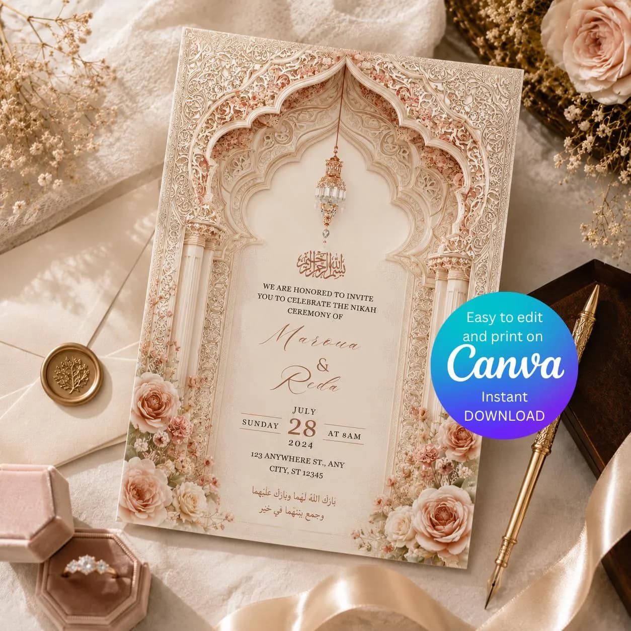 Editable Islamic Nikah Wedding Invitation Template, Luxury Floral Muslim Wedding Invite, Ornate Arch Canva Invitation, Instant Download - image 4
