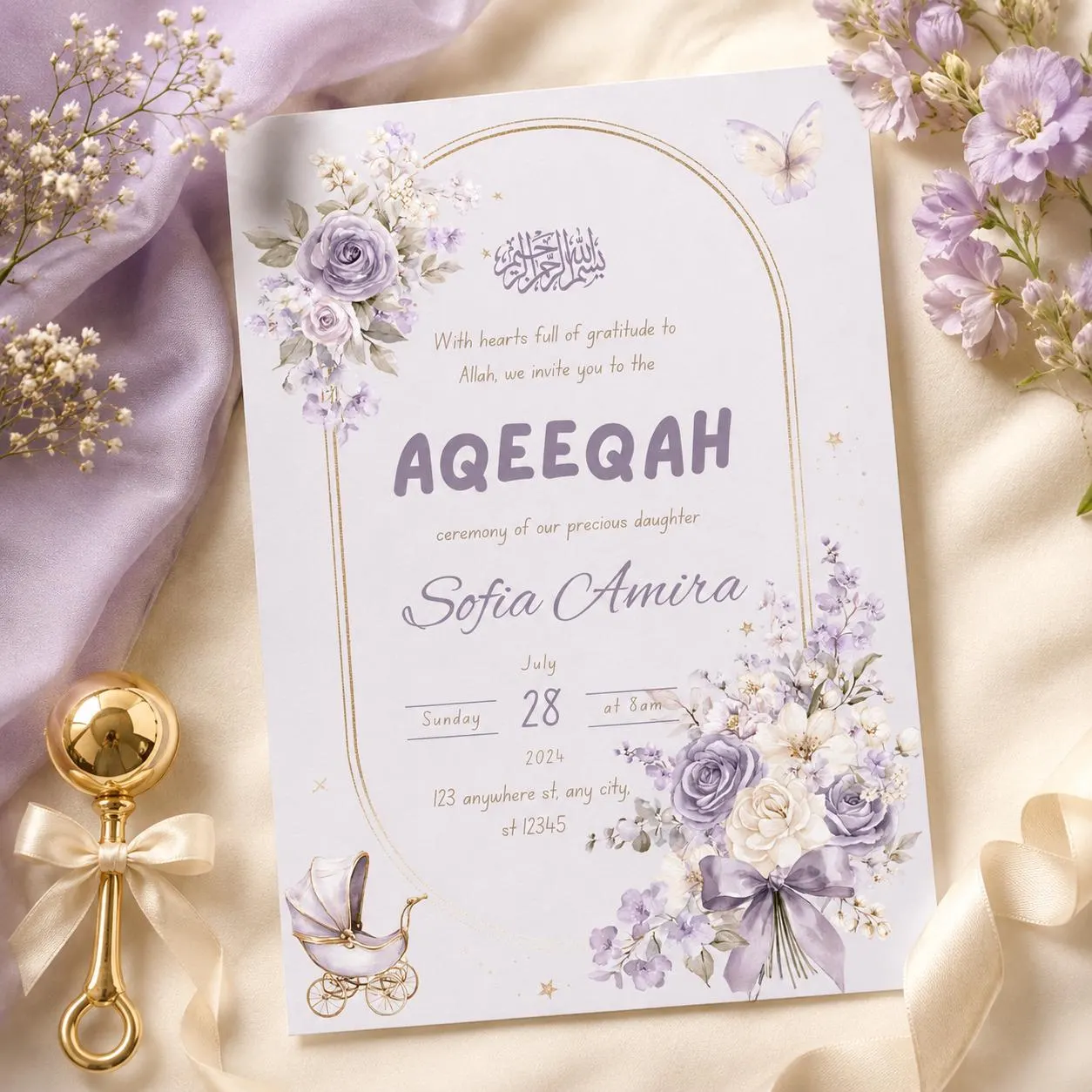 Aqeeqah Invitation Girl Template, Editable Canva Aqiqah Invite, Lavender Floral Muslim Baby Ceremony Invitation, 5x7 Digital Download