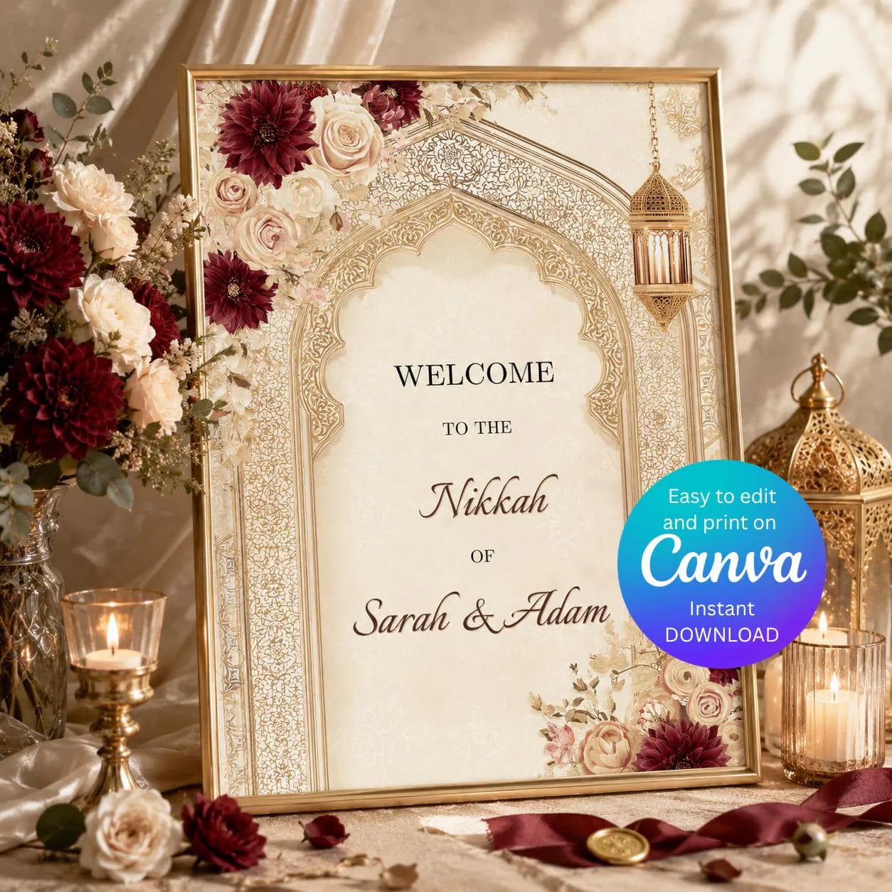Burgundy & Ivory Nikkah Welcome Sign Template | Editable Canva Islamic Wedding Welcome Poster | Muslim Wedding Entrance Sign - image 4