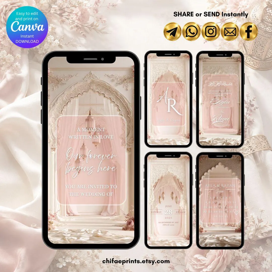 Blush Pink Gold Nikkah Video Invitation, Animated Muslim Wedding Invite, Beige Islamic Wedding Mobile Invitation, Editable Canva Template