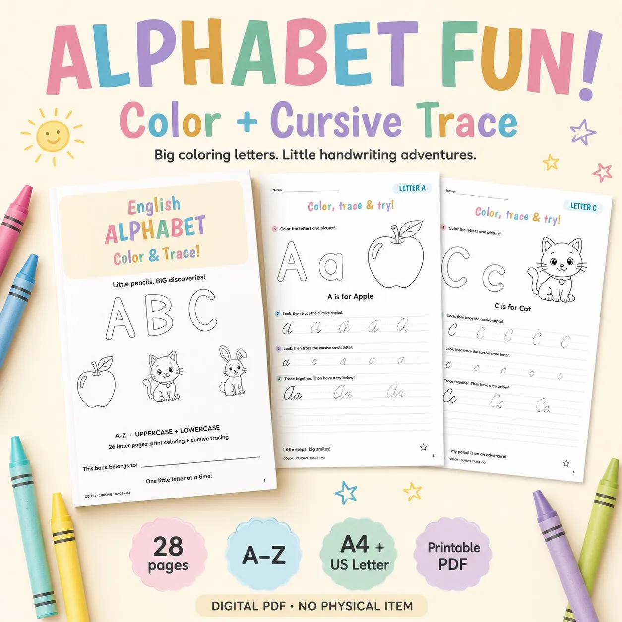Alphabet Coloring & Cursive Tracing Workbook for Kids, A–Z Printable PDF, 28 Pages