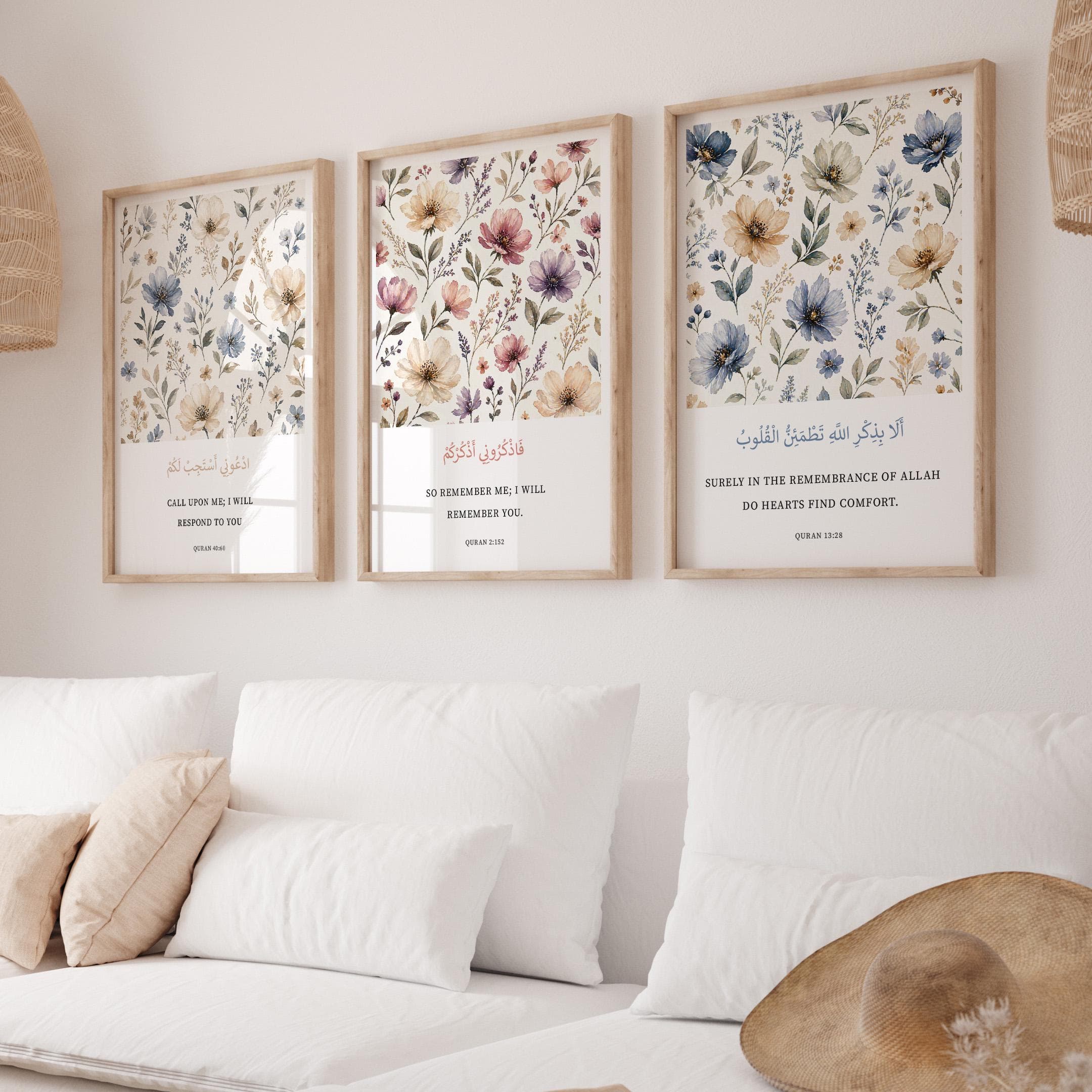 slamic Wall Art Set of 3 Printable Quran Verses Arabic Calligraphy Muslim Home Decor Eid Gift Modern Floral Digital Download